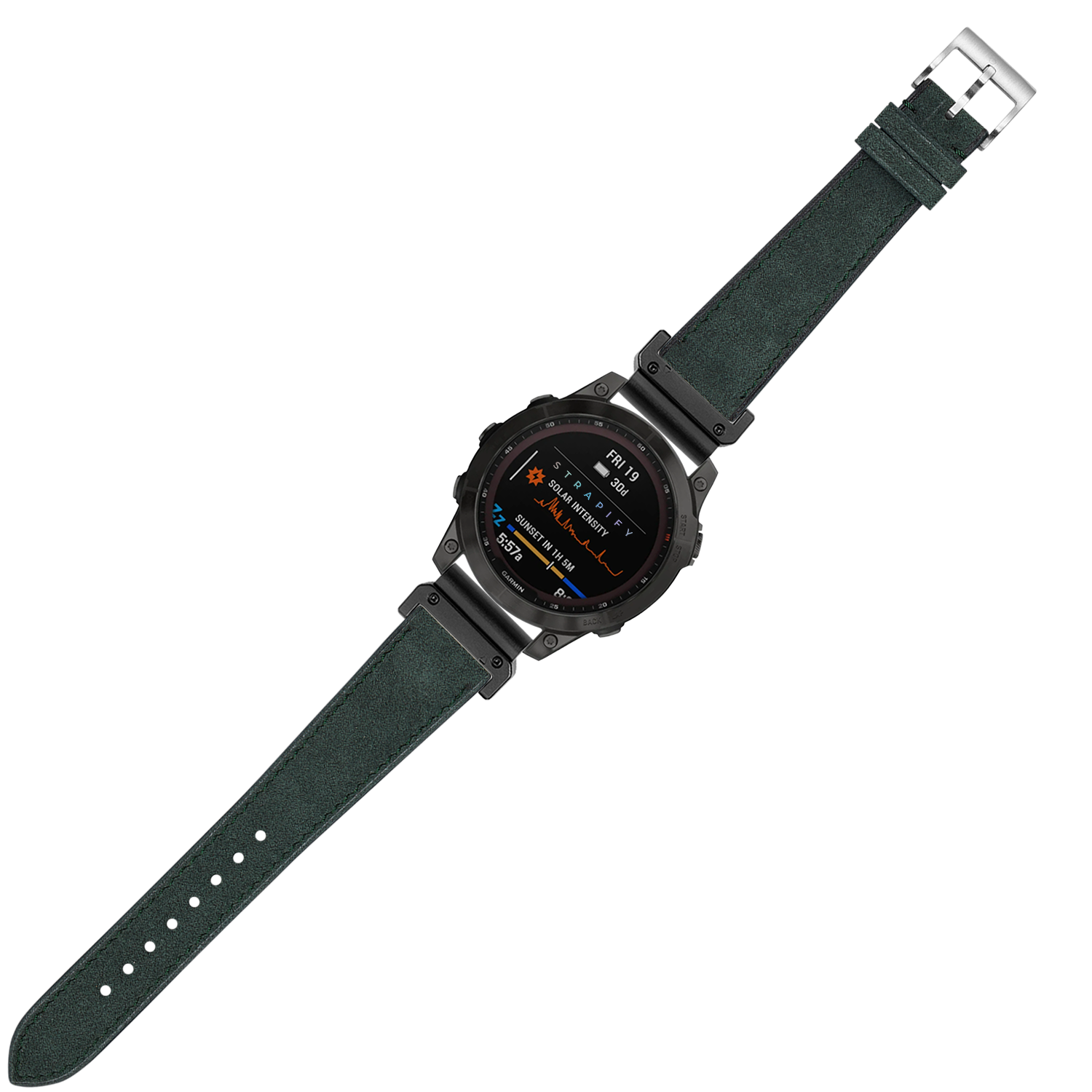 Military-style tactical smartwatch with black case and forest green suede Alcantara leather strap with QuickFit connector