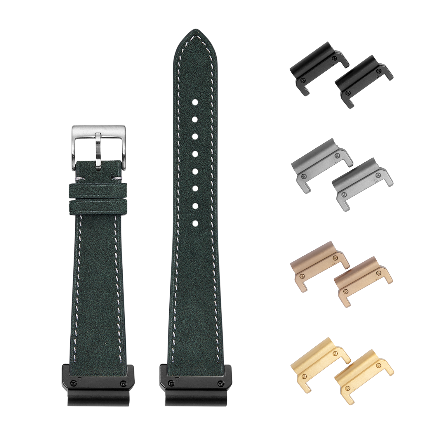 Green Alcantara leather 26mm watch strap with white stitching, silver buckle, and interchangeable quick-fit connector lugs in multiple finishes