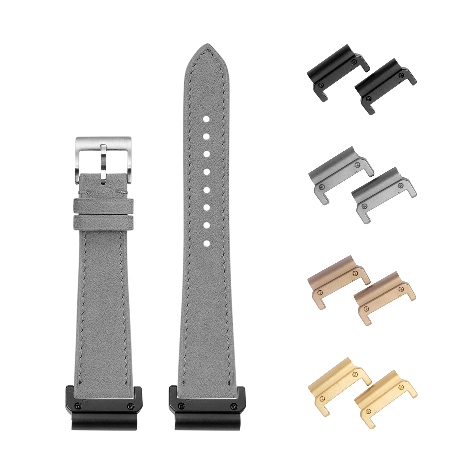 QuickFit grey Alcantara leather watch strap 26mm with interchangeable lugs in black, silver, rose gold and gold finishes