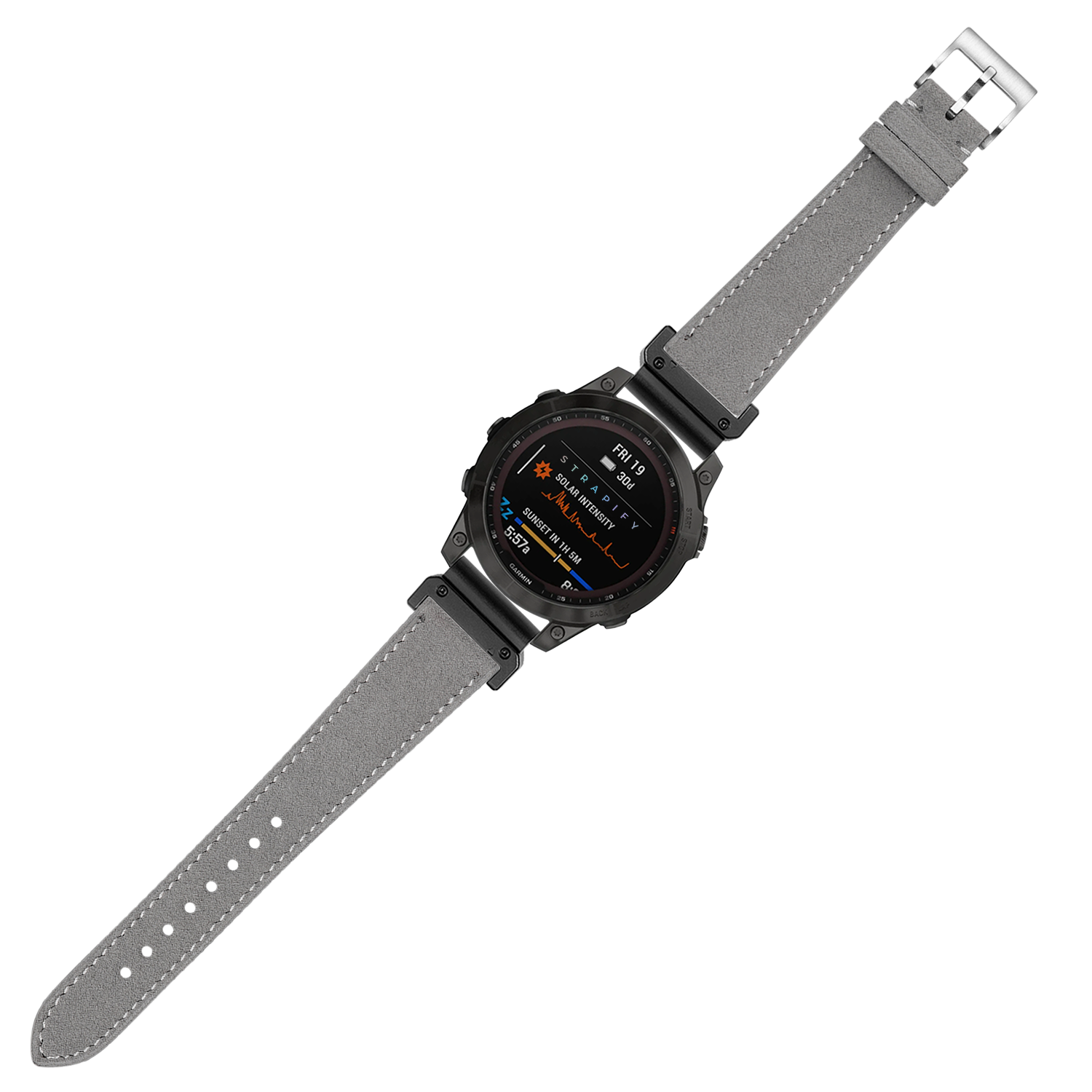 Black digital smartwatch with grey suede leather strap, white stitching, and OLED display showing fitness metrics