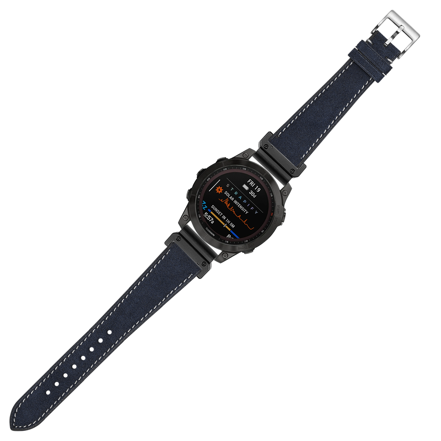 Black rugged smartwatch with navy blue Alcantara leather strap and white stitching, digital display showing fitness metrics