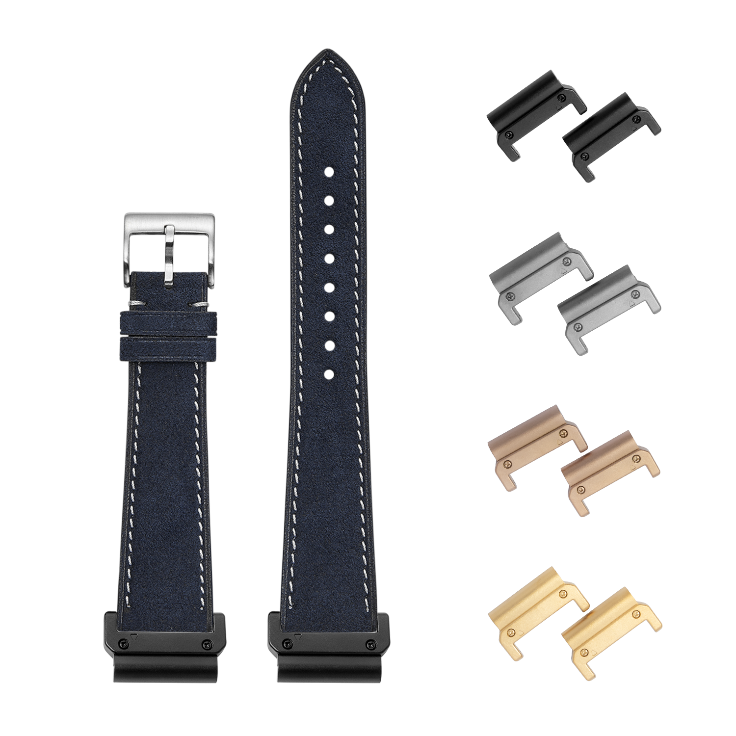 Navy blue suede leather watch band 26mm with white stitching, silver buckle, and interchangeable metal lugs in black, silver, bronze, and gold