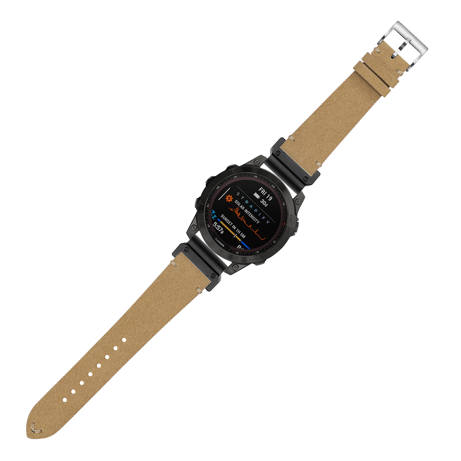 Black digital smartwatch with tan Alcantara leather strap, displaying fitness metrics and calendar on AMOLED screen