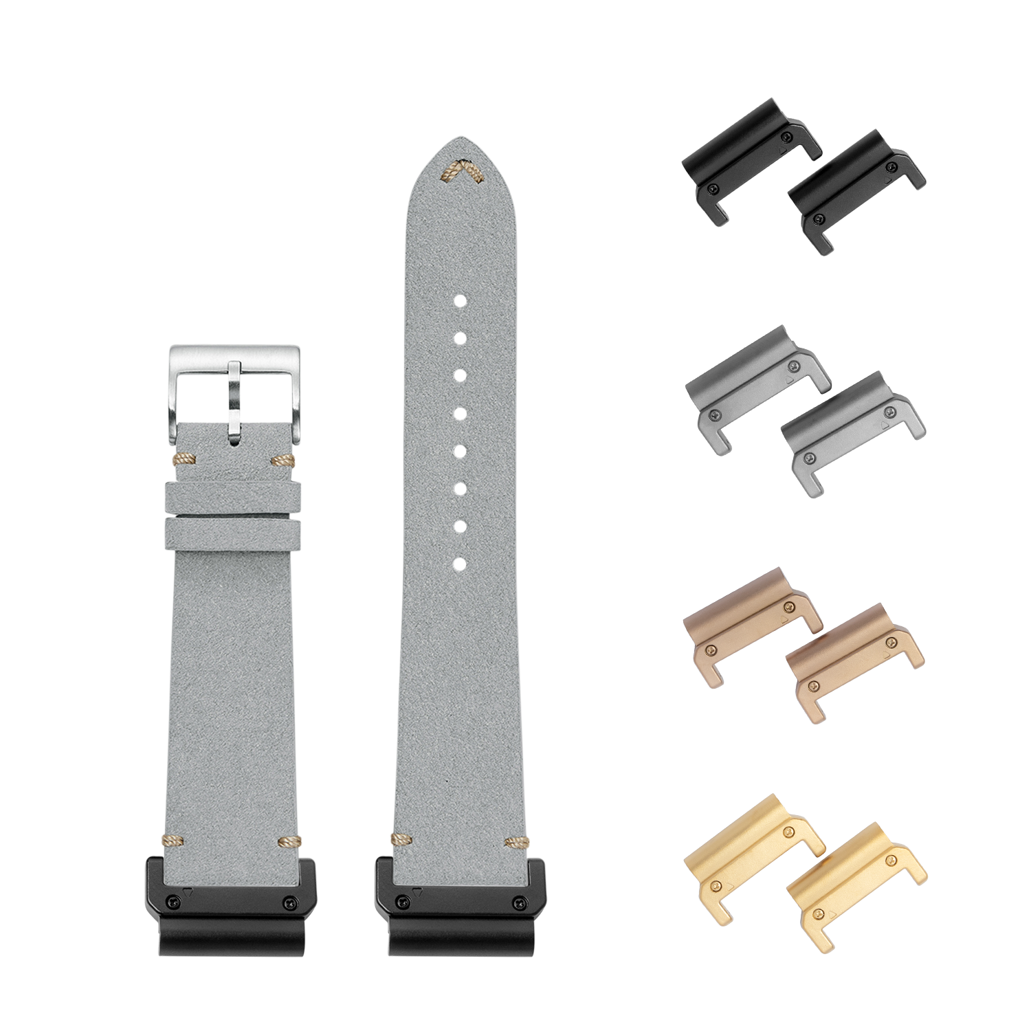 Grey Alcantara leather quick-fit watch strap with interchangeable metal lugs in multiple finishes