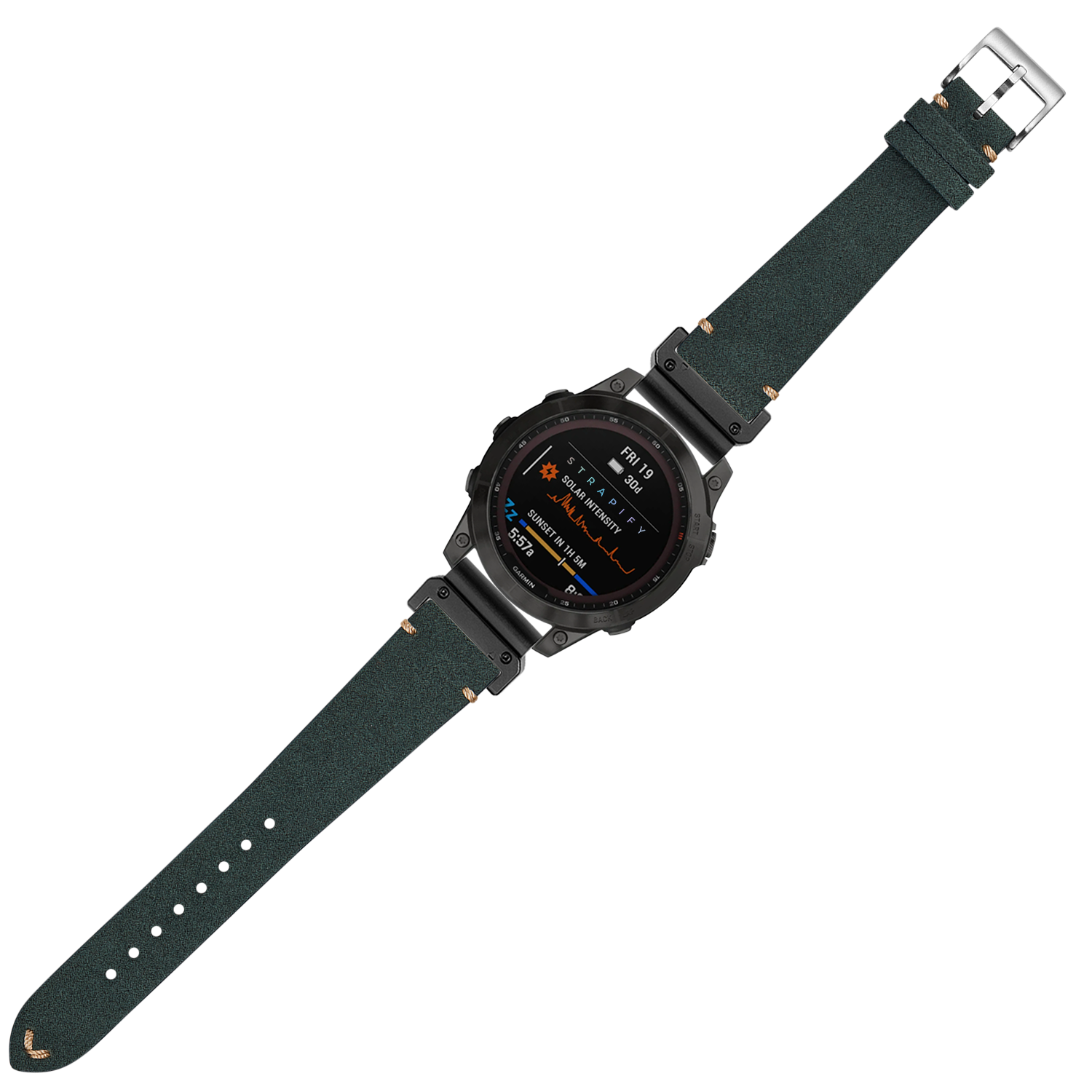 Military smartwatch with black case and forest green Alcantara leather 26mm quickfit band, displaying digital interface with orange accents