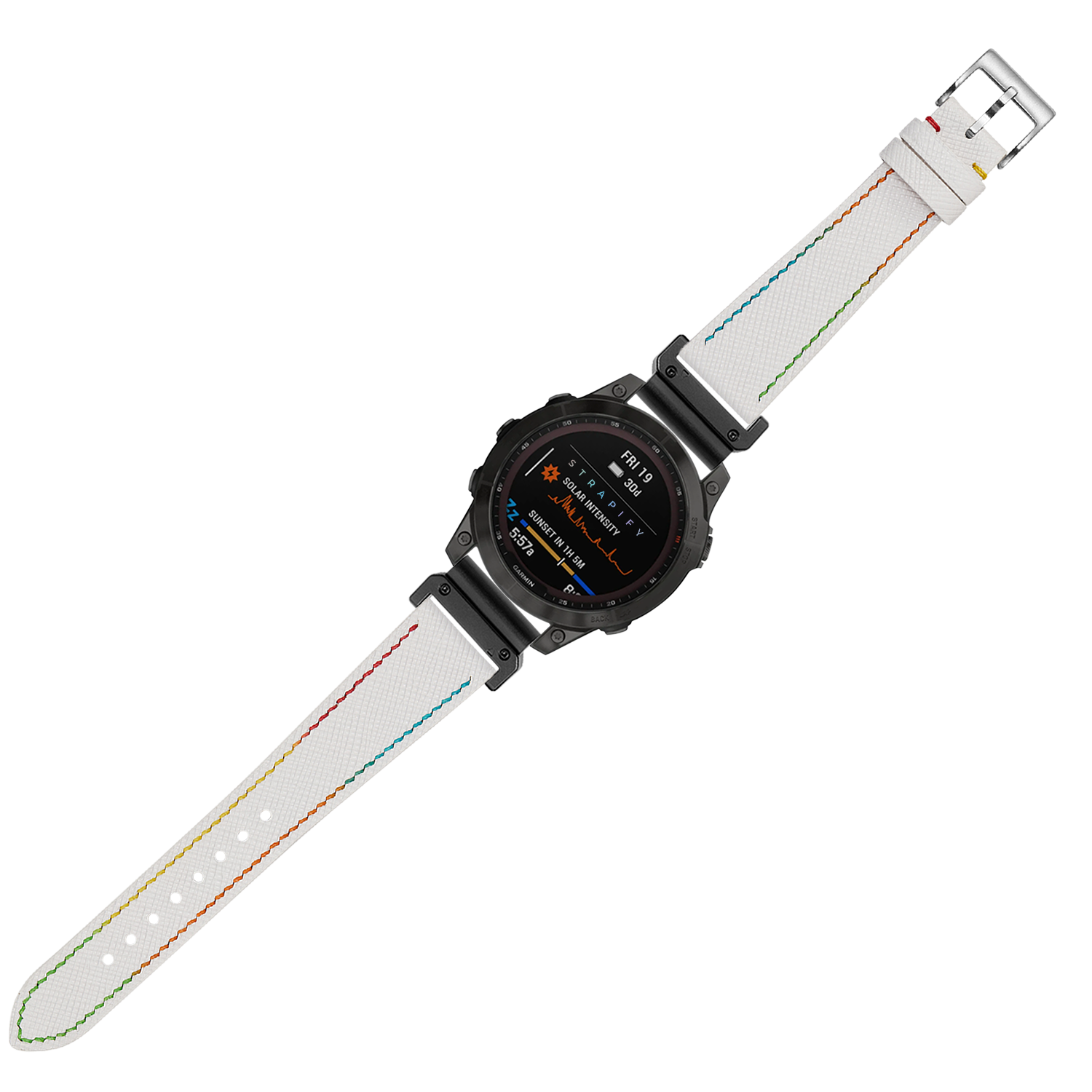 Black sport smartwatch with white canvas band featuring colorful rainbow stitching and quick-fit buckle closure