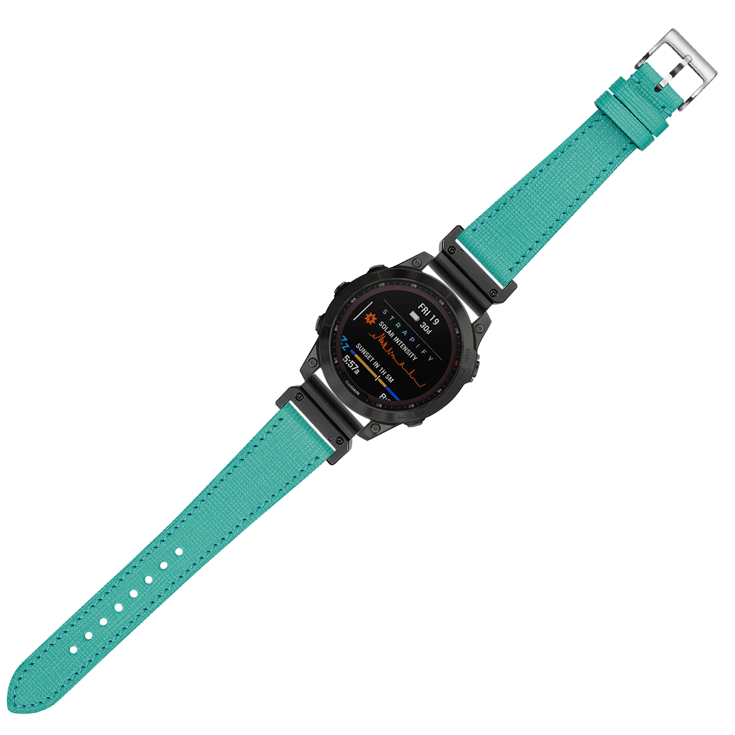 Tiffany blue Chevre Saffiano leather smartwatch band 26mm with silver buckle on black sports watch
