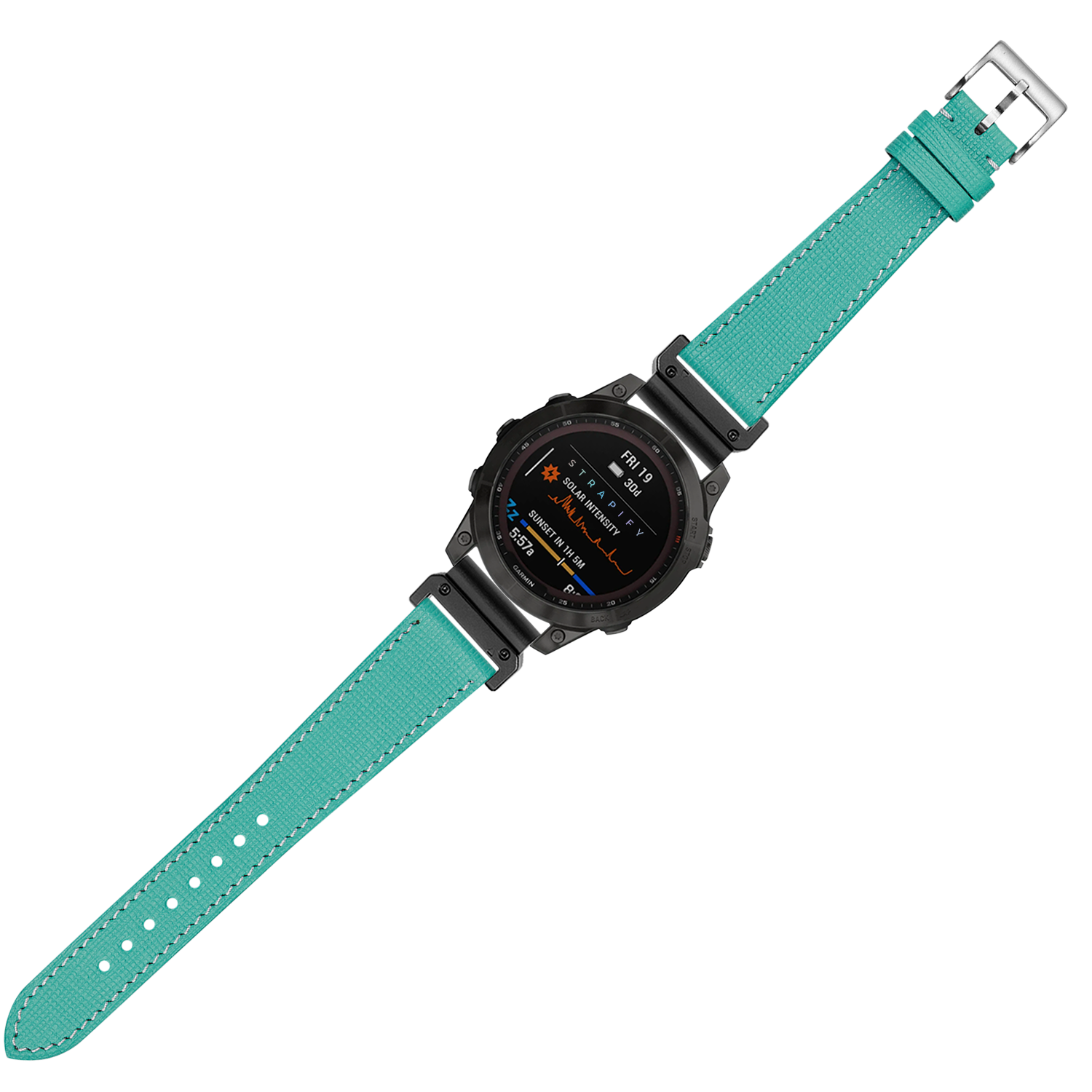 Tiffany blue Saffiano leather smartwatch band 26mm with white stitching and stainless steel buckle for quick-fit compatibility