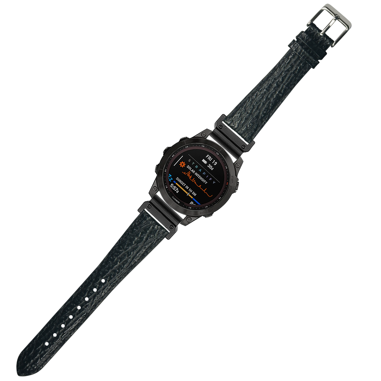 Black faux sharkskin QuickFit watch band 26mm with metal buckle and digital display smartwatch