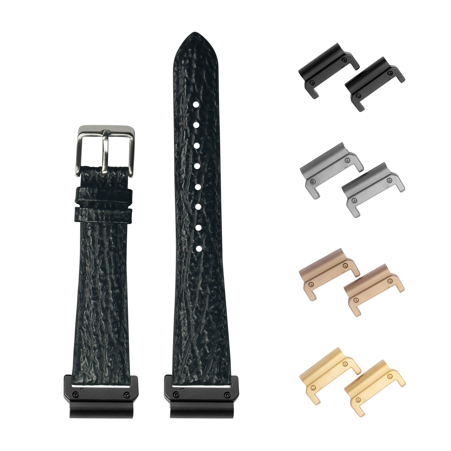 QuickFit faux sharkskin black 26mm watch strap with interchangeable metal lugs in multiple finishes