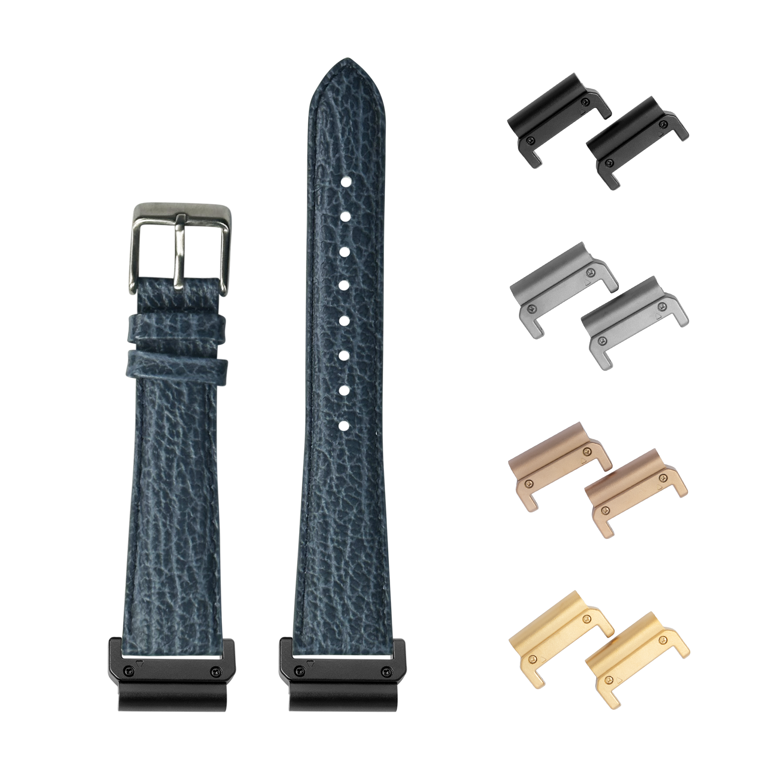 Faux sharkskin blue leather watch band 26mm with interchangeable quick-fit spring bars in black, silver, rose gold and gold finishes