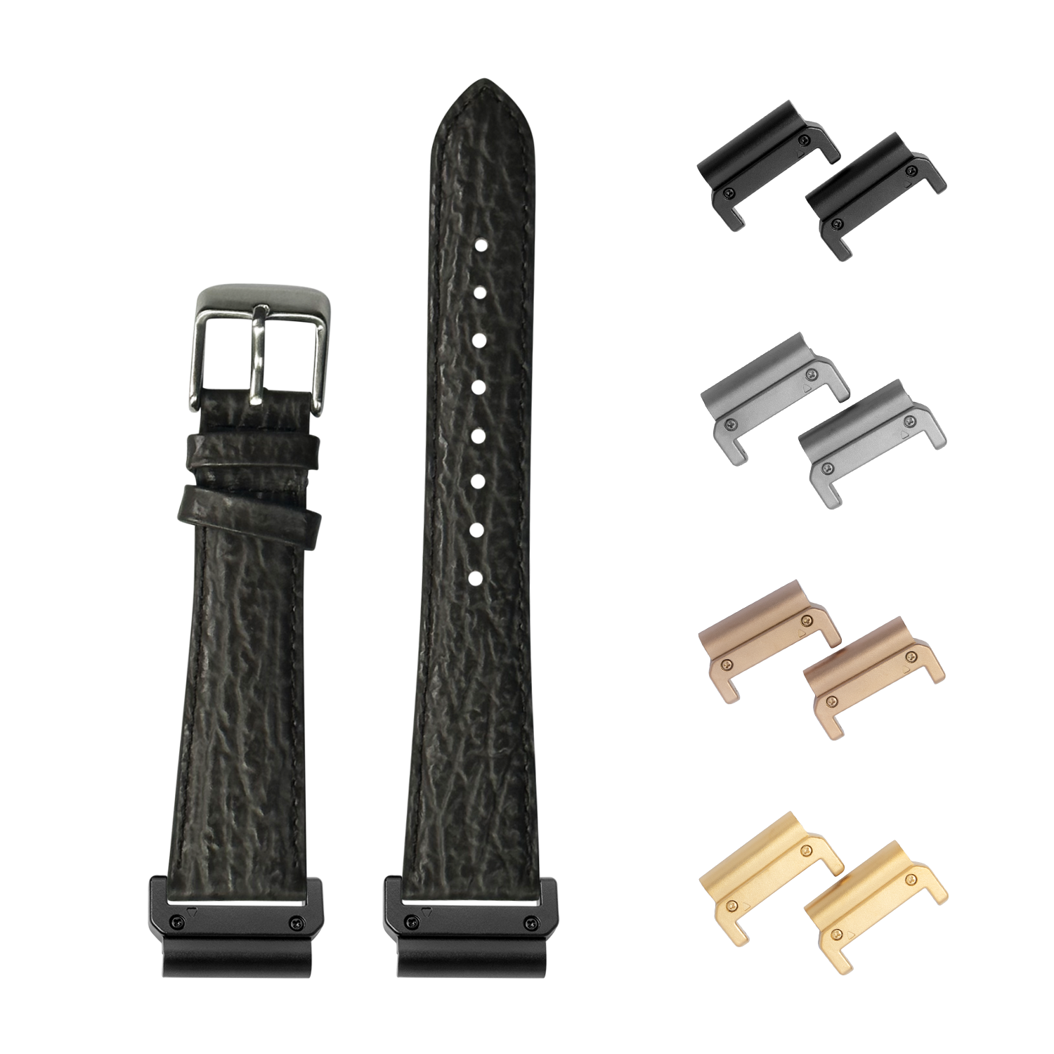 Faux sharkskin grey 26mm watch band with interchangeable metal lugs in black, silver, rose gold and gold finishes