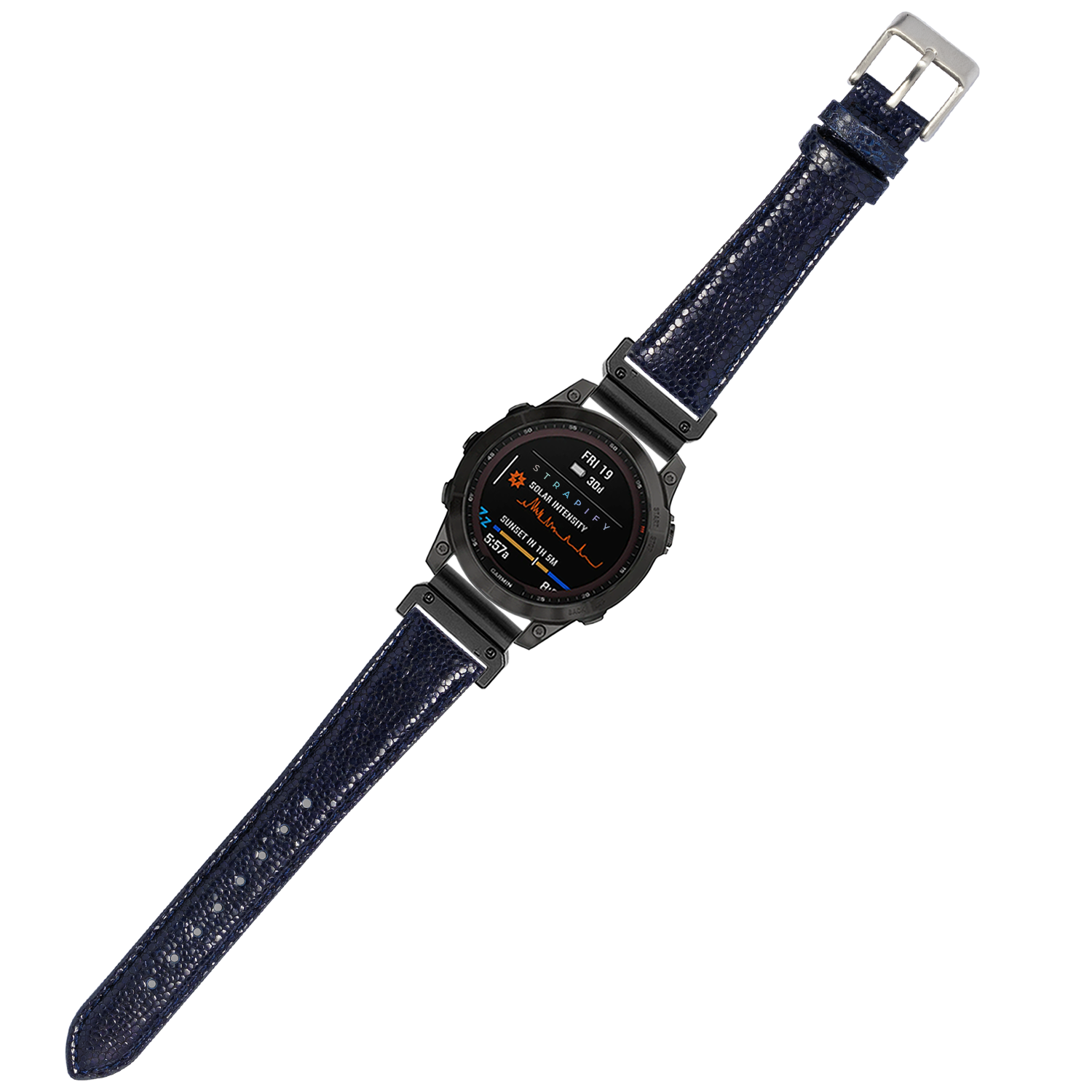 Black digital smartwatch with navy blue faux stingray quick-fit watch band, displaying health metrics on AMOLED screen