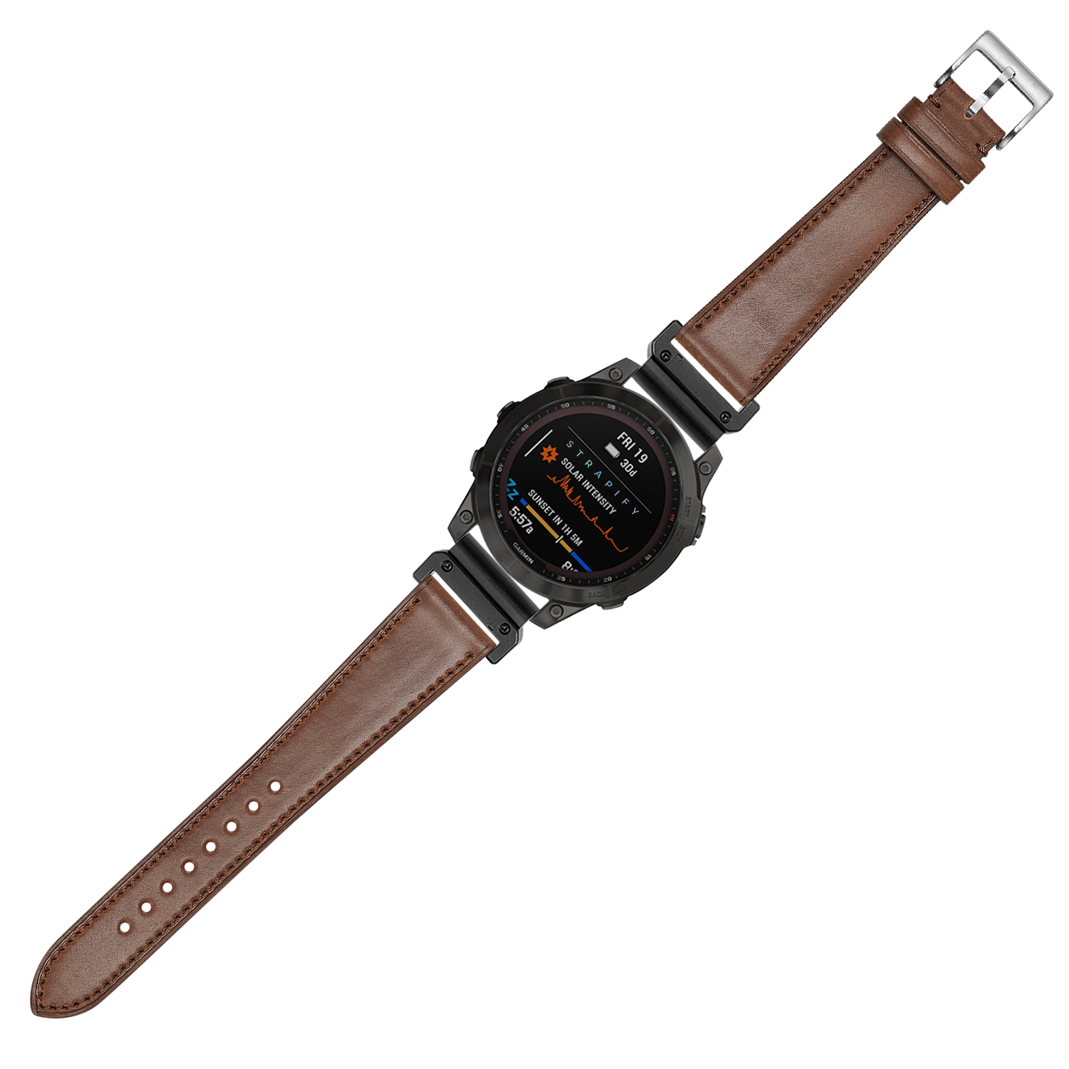 Black digital smartwatch with brown leather Horween Shell Cordovan strap and silver buckle, featuring AMOLED display