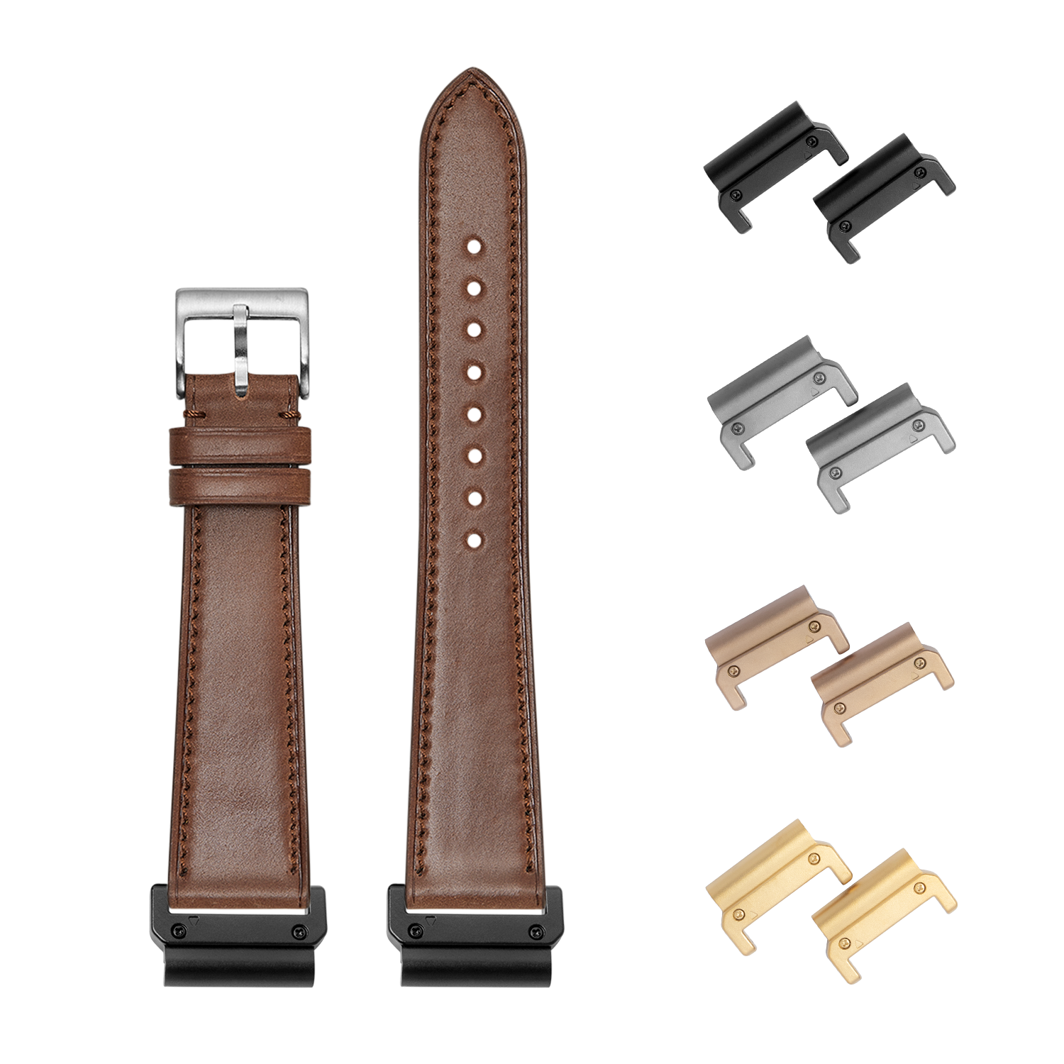 QuickFit Horween Shell Cordovan bourbon leather watch band 26mm with interchangeable metal lugs in black, silver, rose gold, and gold finishes