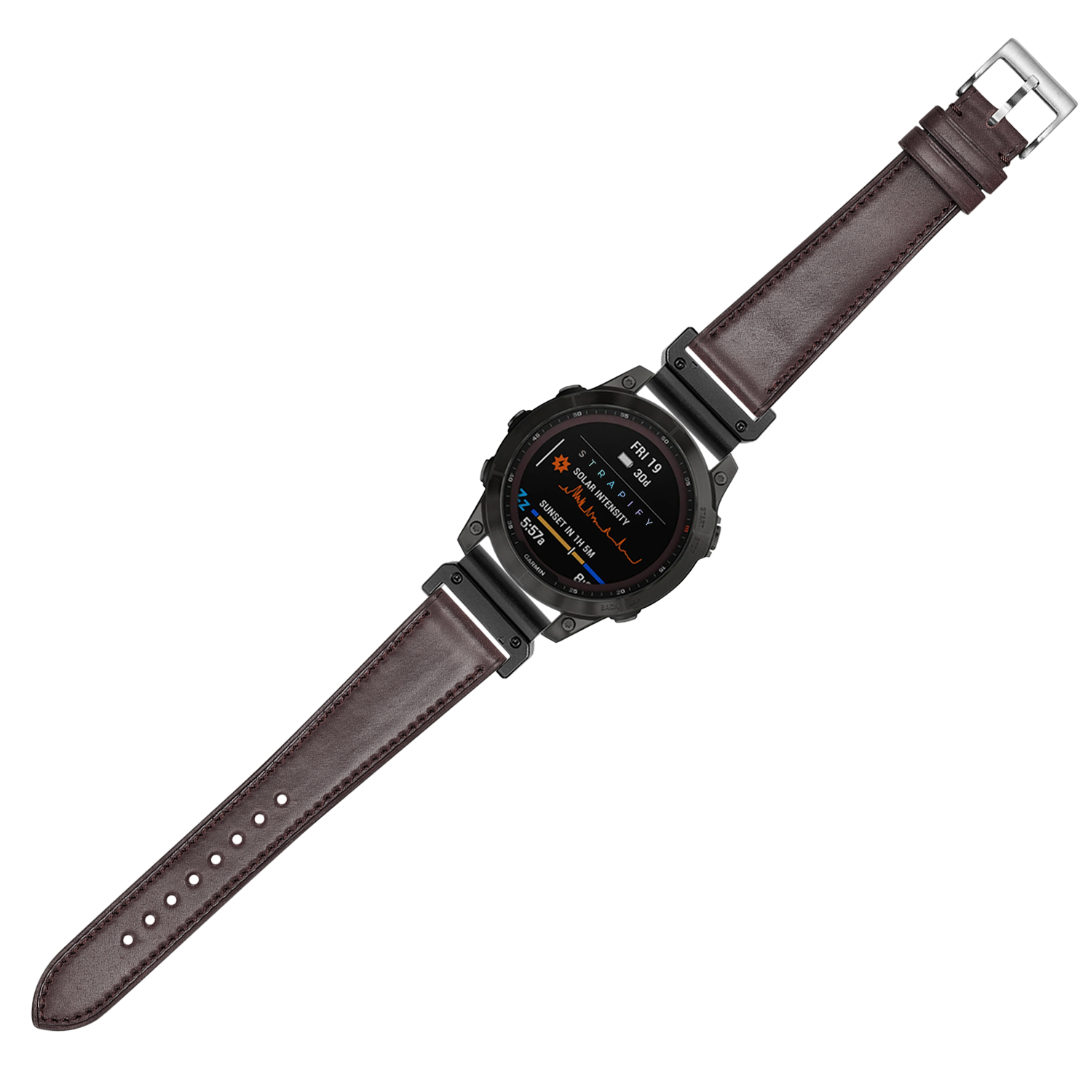 Black digital smartwatch with brown leather Horween Shell Cordovan strap and metallic case displaying colorful interface screen