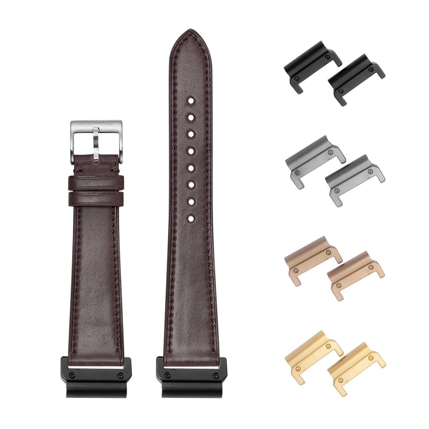 Horween Shell Cordovan brandy leather watch band 26mm with quick-fit adapters in multiple metal finishes