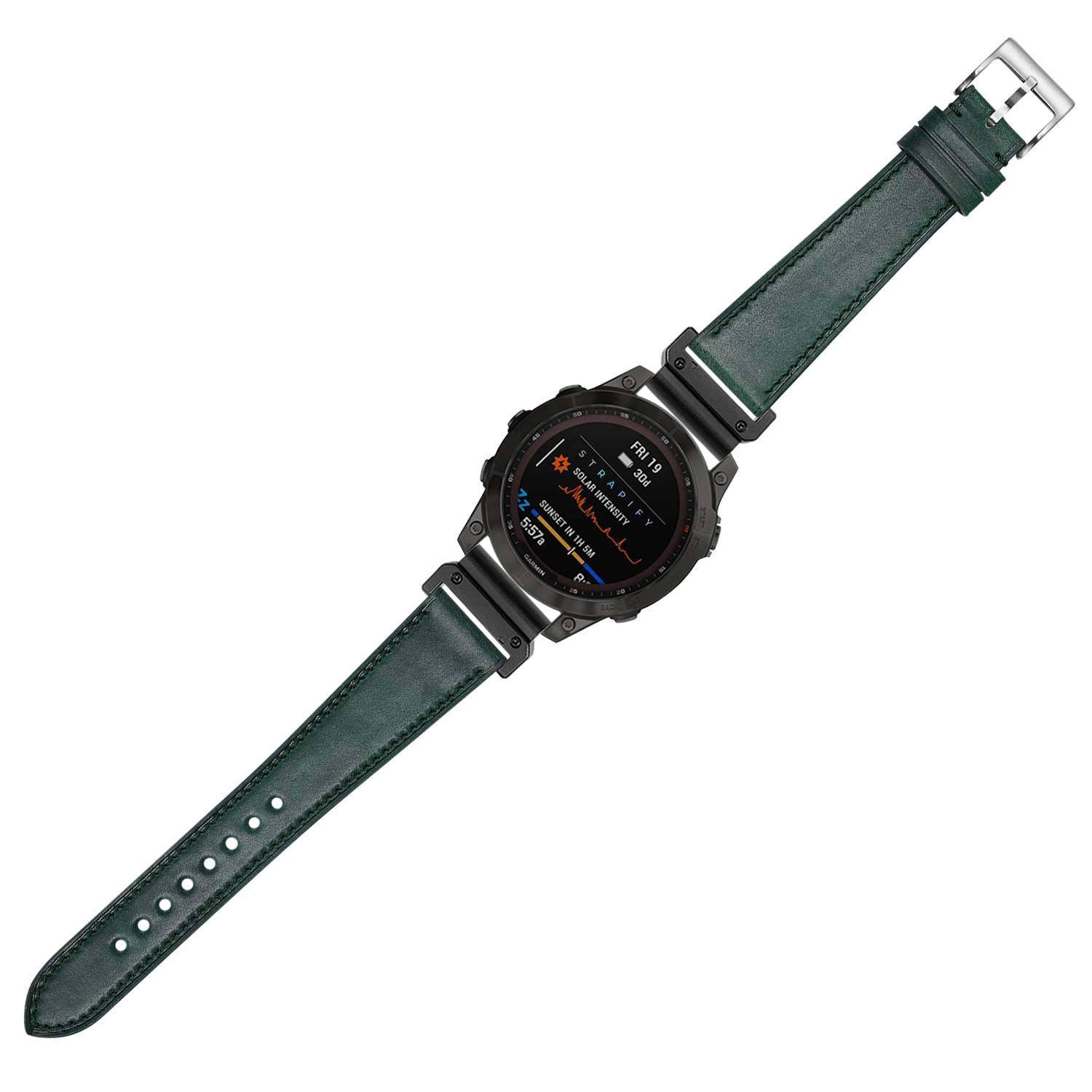 Tactical digital smartwatch with black case and green Horween Shell Cordovan leather strap featuring metal buckle