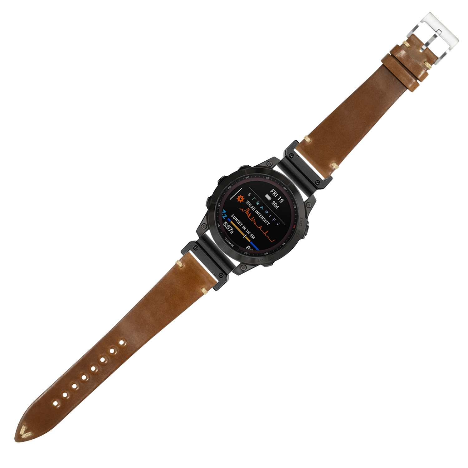 Black digital smartwatch with brown Horween Shell Cordovan leather band and silver buckle displaying fitness metrics