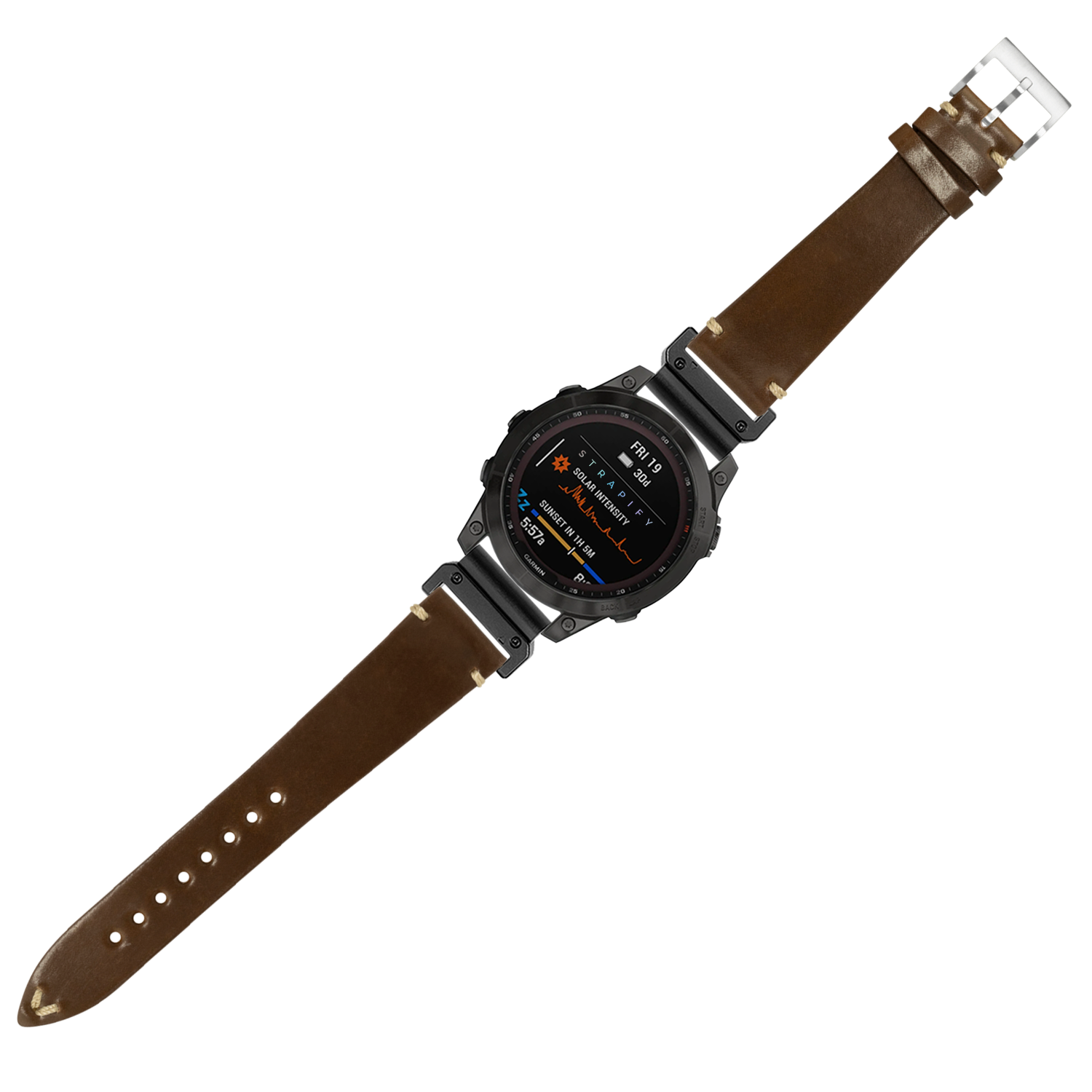 Black digital smartwatch with AMOLED display and brown Horween Shell Cordovan leather strap