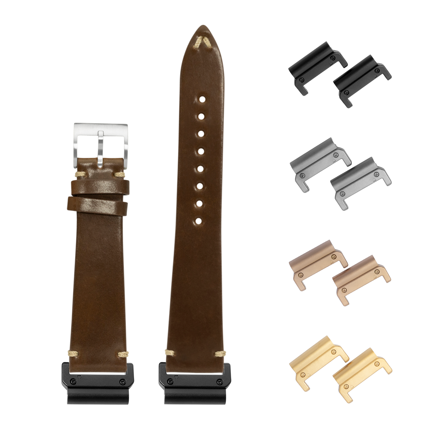Horween Shell Cordovan vintage brandy leather watch band 26mm with quick-fit spring bars and interchangeable metal lugs in black, silver, bronze and gold finishes