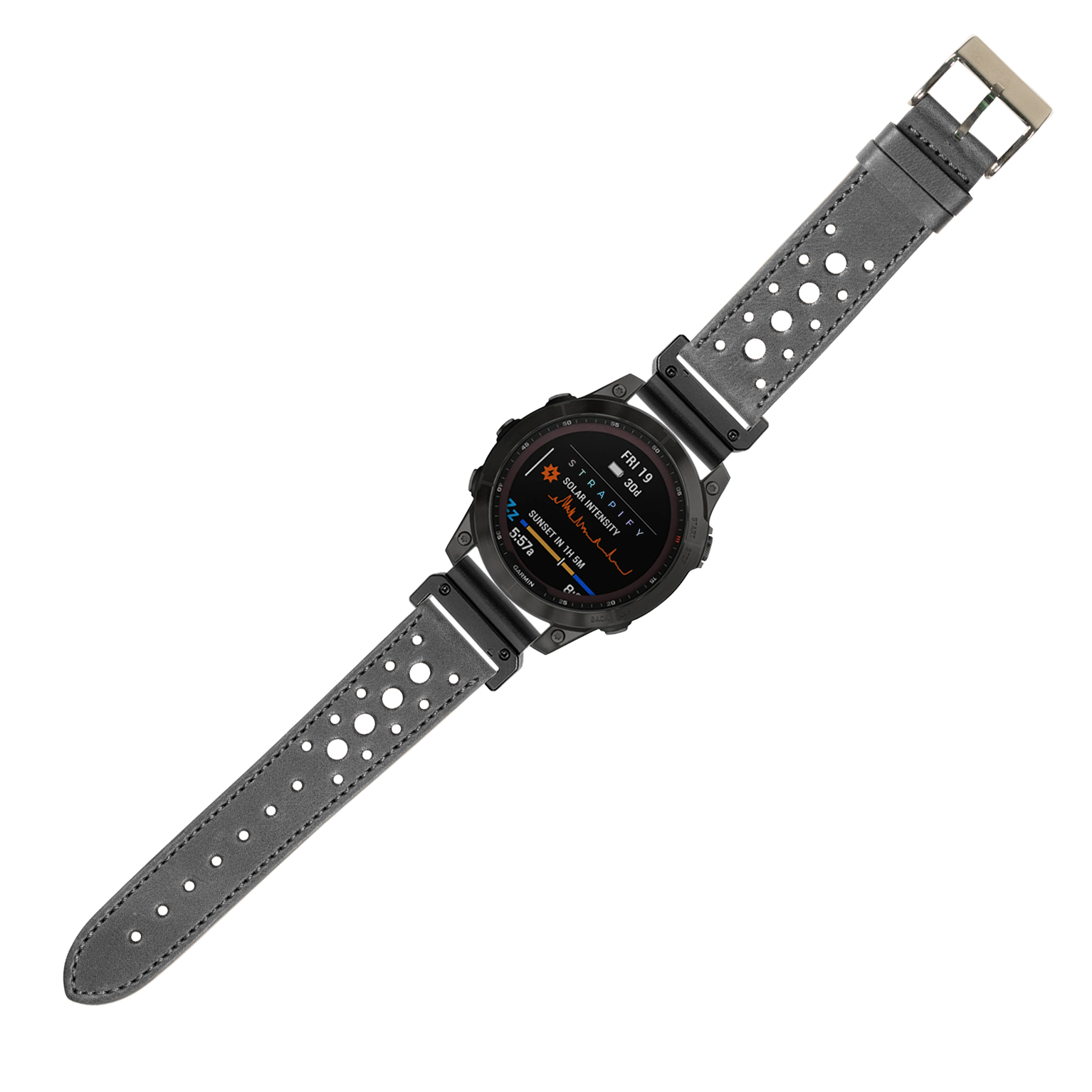 Black leather QuickFit watch band 26mm with perforated design and metal hardware for sports watches