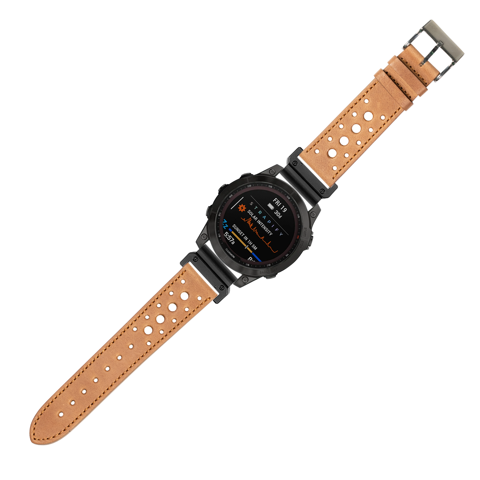 Black digital sports watch with tan perforated leather strap and metal buckle, displaying fitness metrics on AMOLED screen