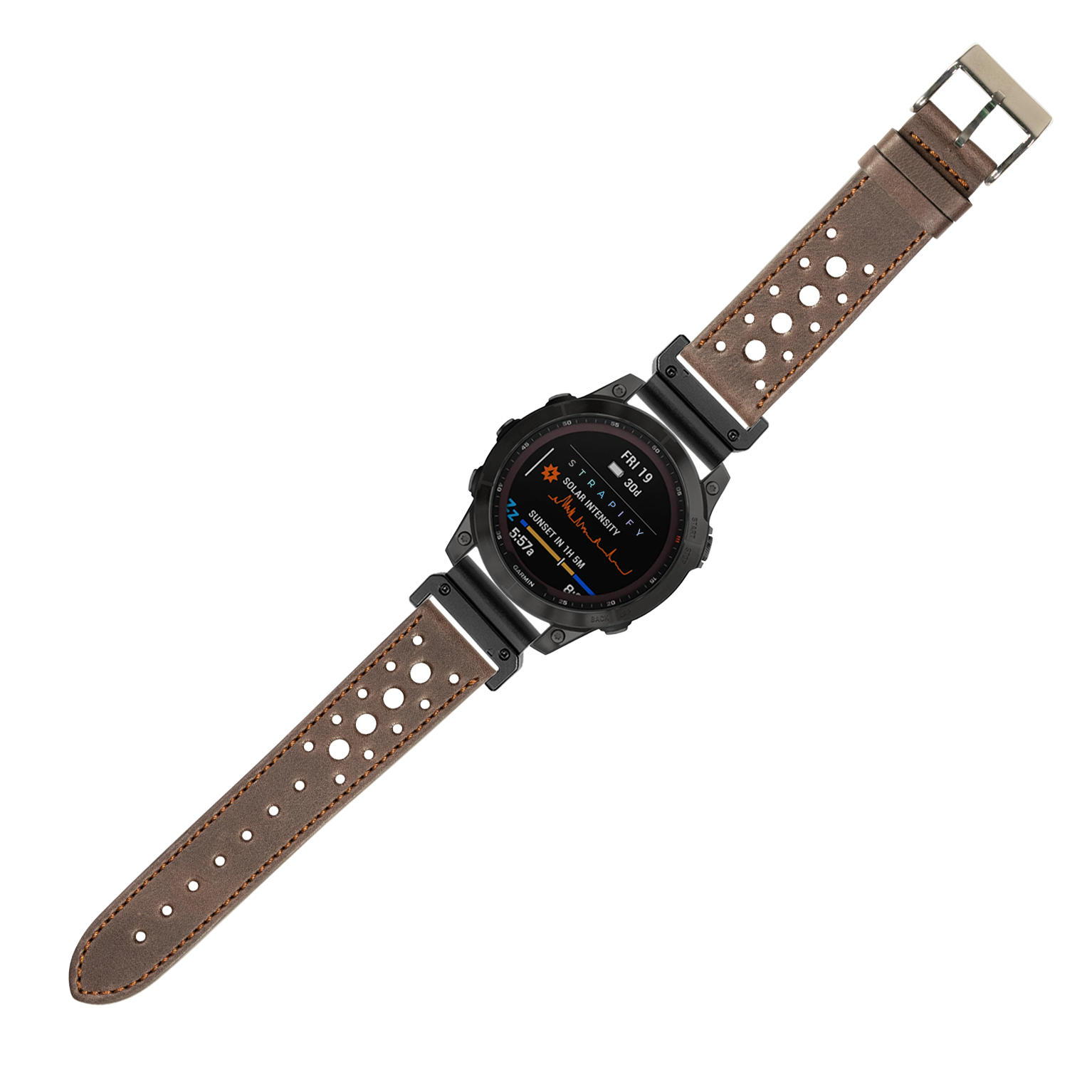 Digital sports watch with black case and dark brown leather strap featuring white perforations, AMOLED display showing fitness metrics