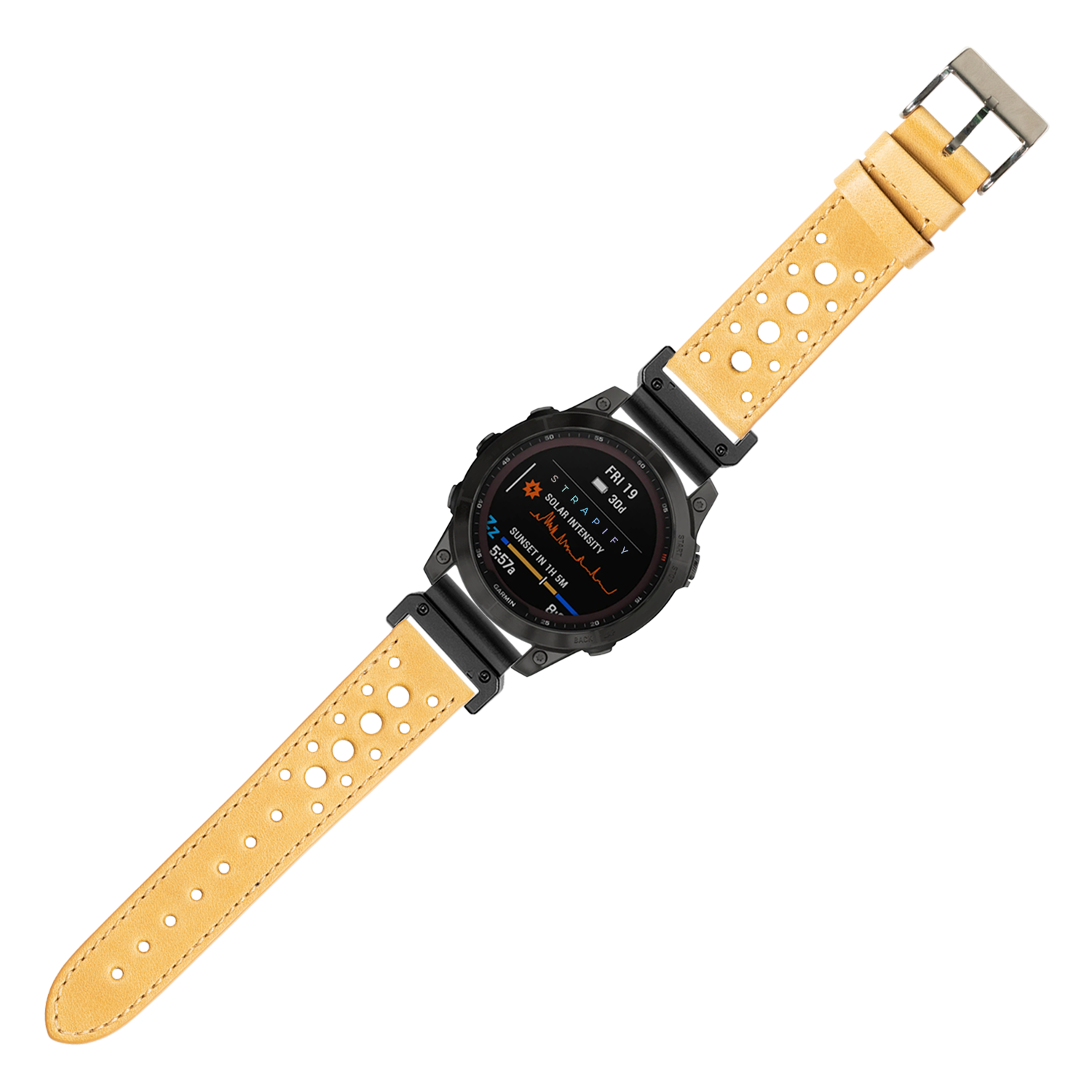 Black digital smartwatch with golden brown perforated leather QuickFit band and stainless steel buckle on white background