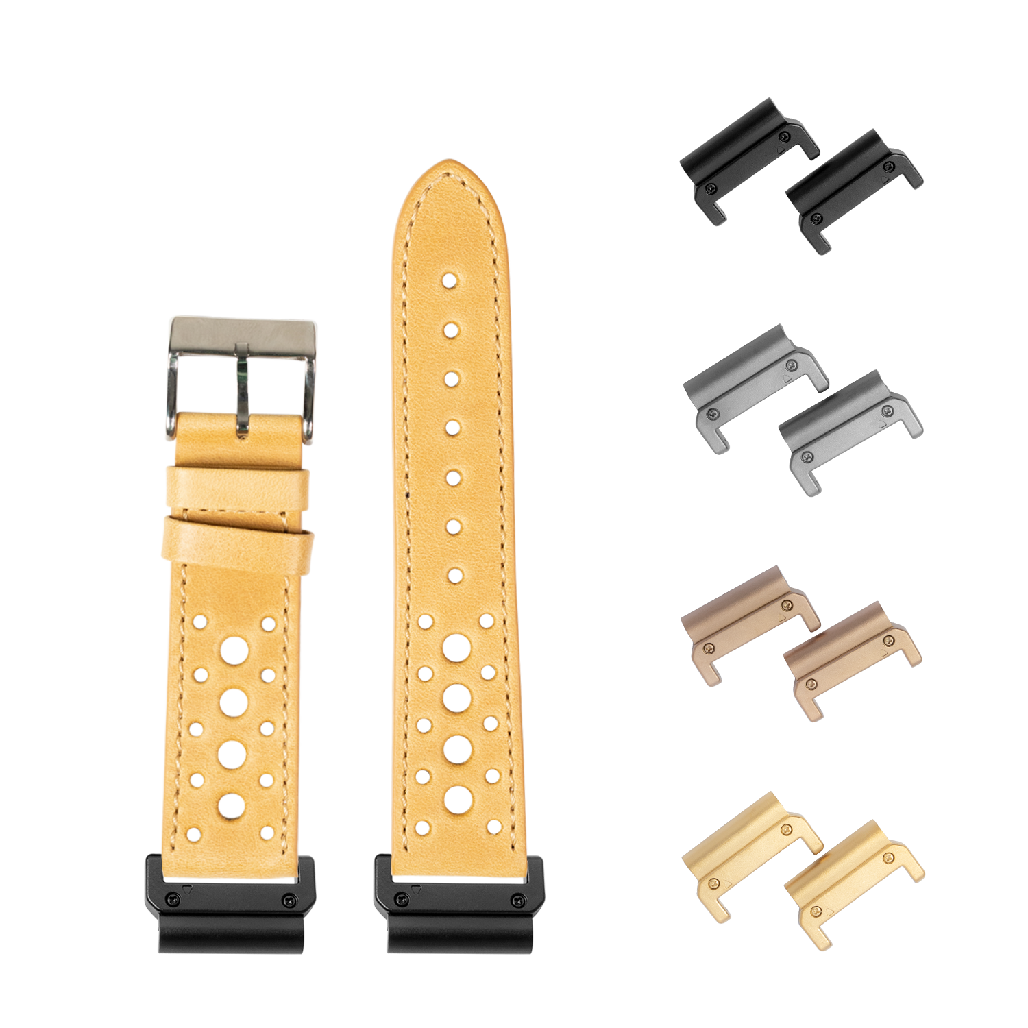 QuickFit leather watch band golden brown 26mm with interchangeable lugs in black, silver, bronze and gold finishes