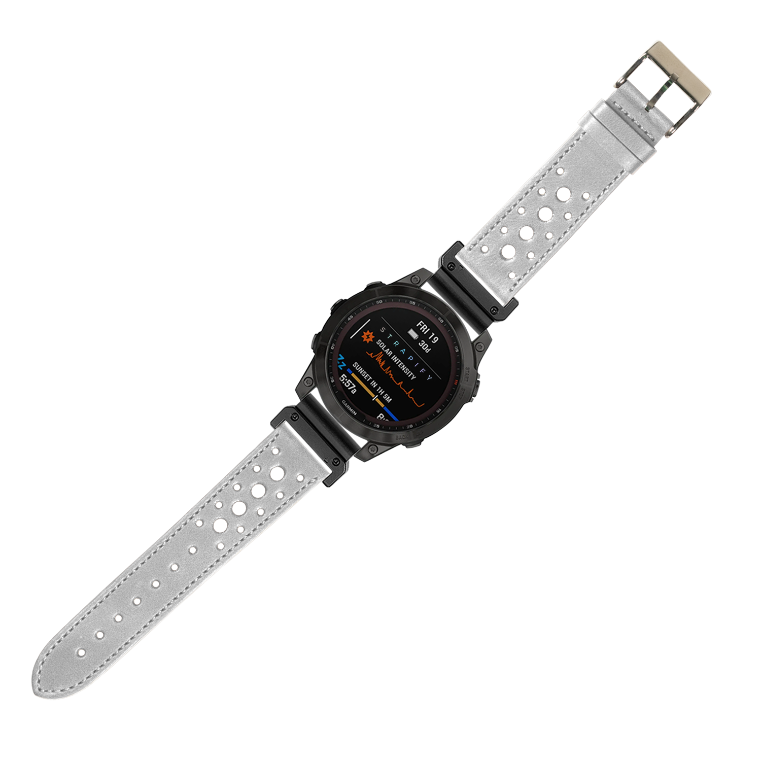 Black smartwatch with gray perforated leather QuickFit band and colorful AMOLED display showing fitness metrics