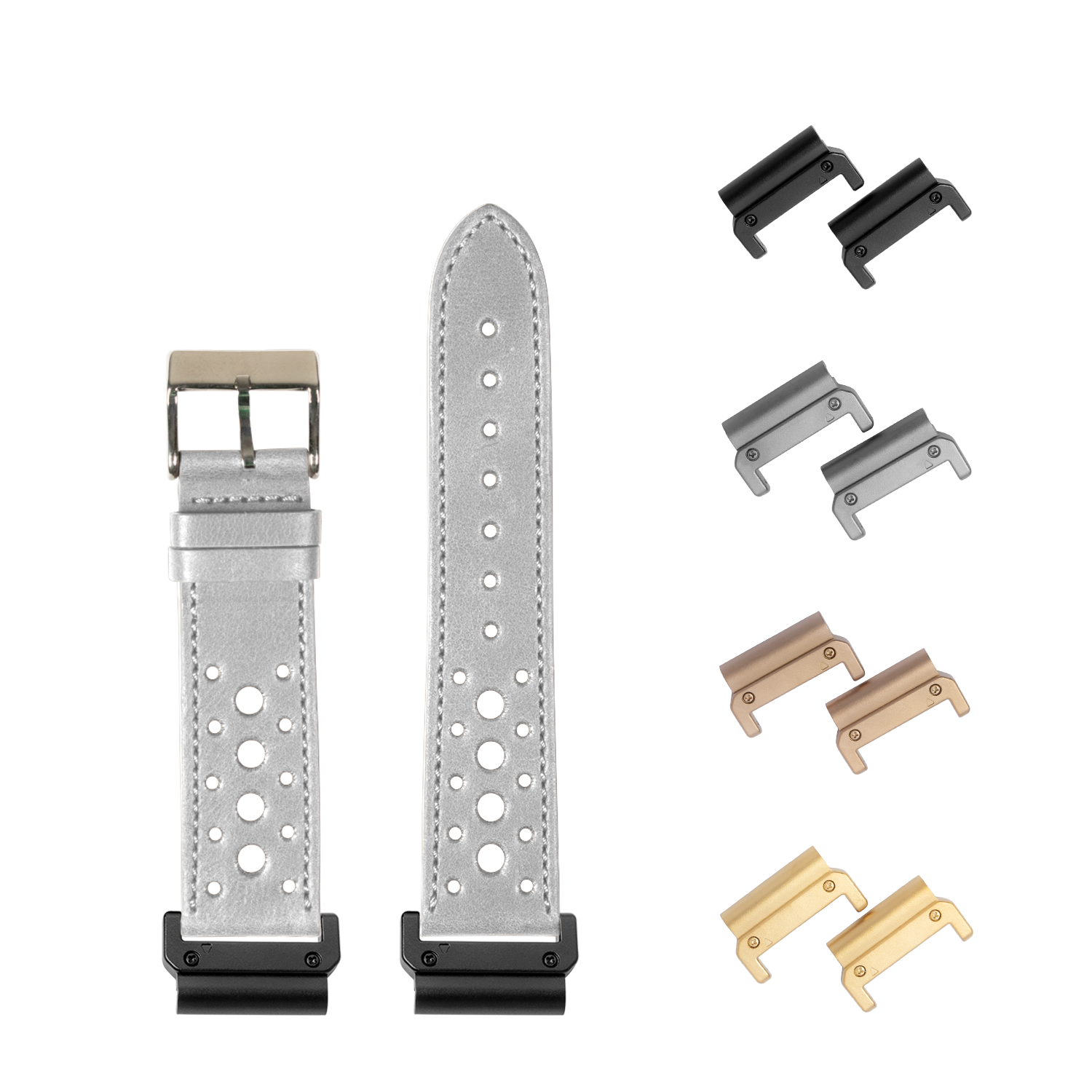 QuickFit grey leather Daytona watch band 26mm with interchangeable metal lugs in black, silver, bronze and gold finishes