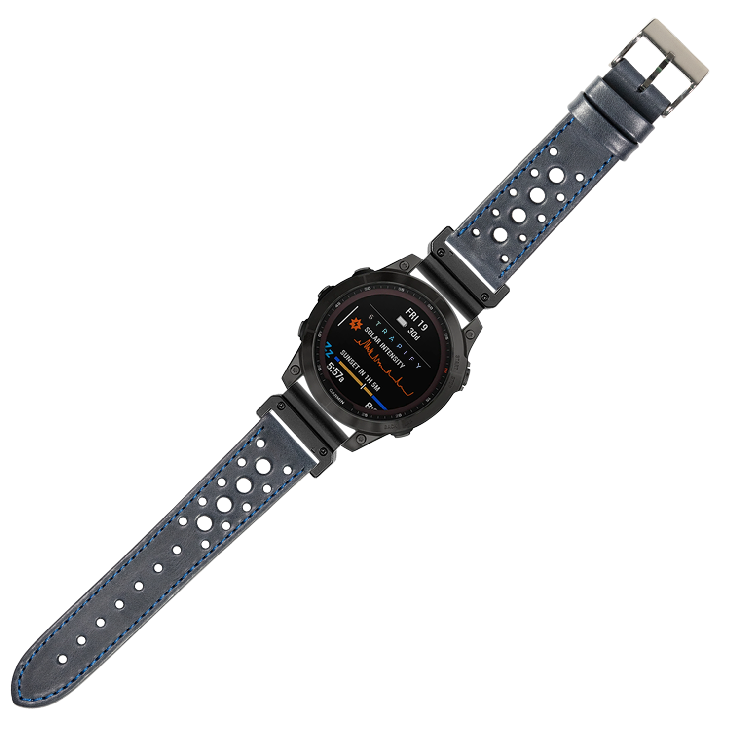 Black smartwatch with AMOLED display and navy blue perforated leather QuickFit strap with blue stitching