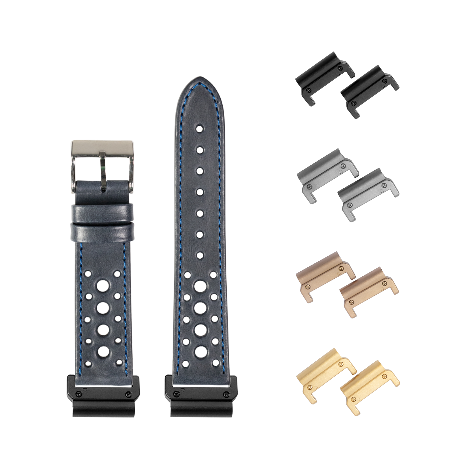 QuickFit leather watch band Daytona navy blue 26mm with interchangeable metal lugs in multiple finishes