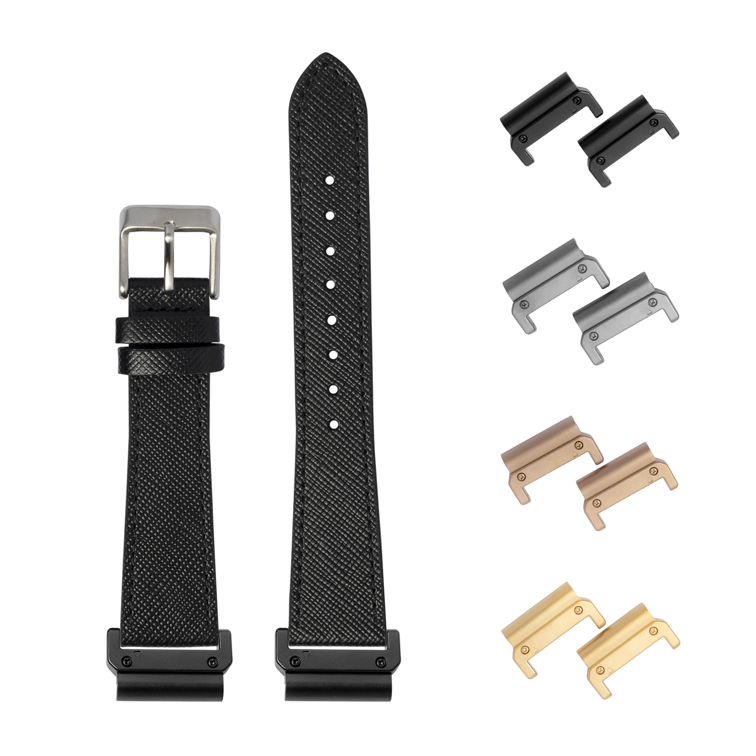 Saffiano leather black 26mm QuickFit watch band with interchangeable metal lugs in multiple finishes