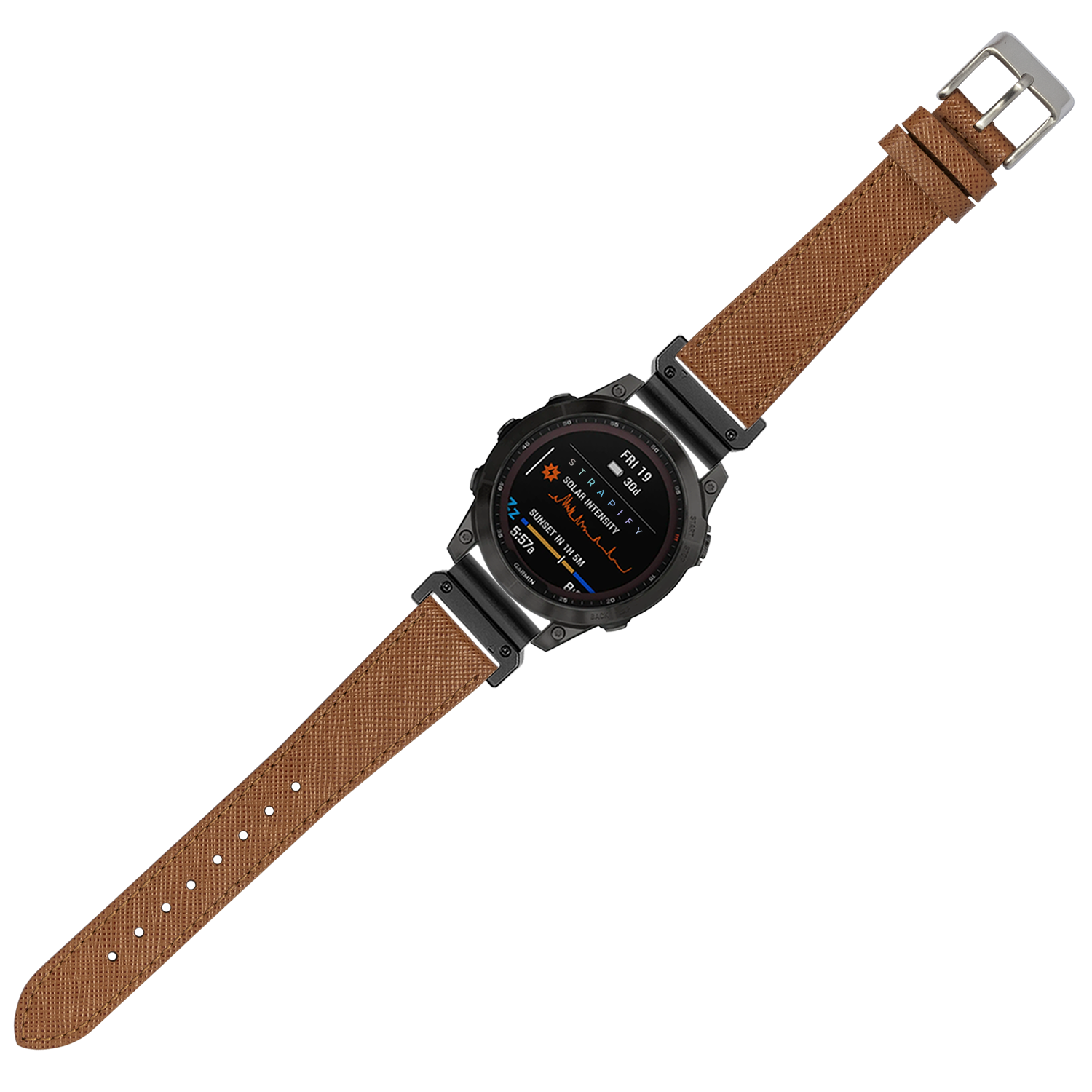 Digital smartwatch with black case and brown Saffiano leather QuickFit strap displaying fitness metrics on AMOLED screen