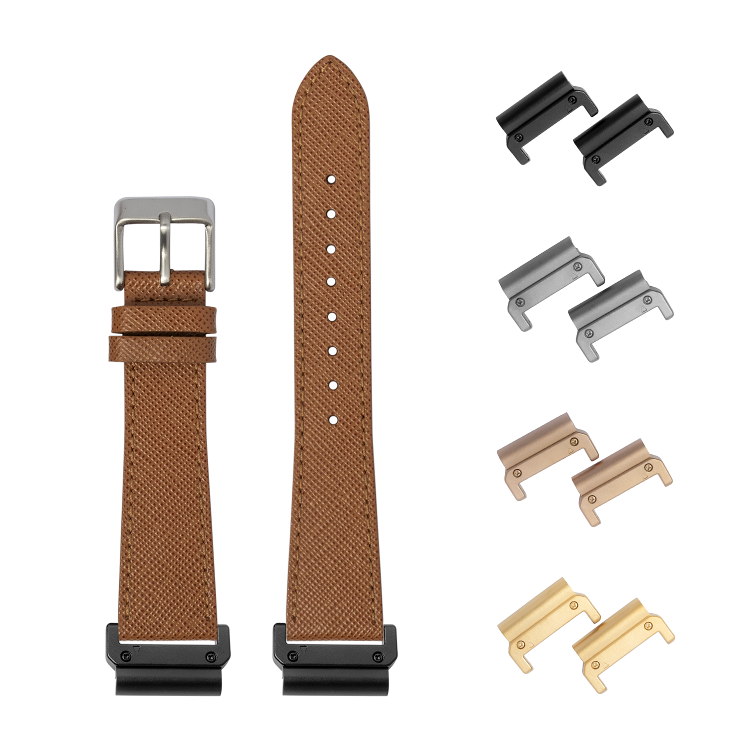QuickFit Saffiano leather brown watch band 26mm with interchangeable metal adapters in black, silver, rose gold and gold finishes