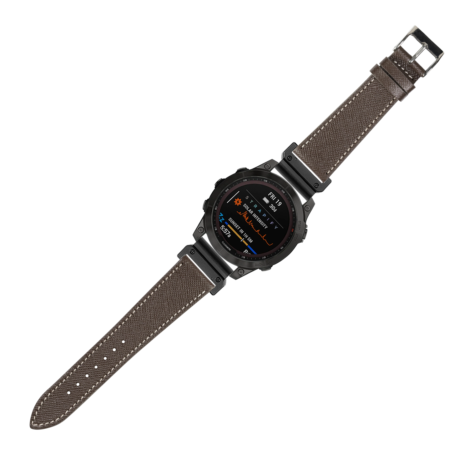Black tactical smartwatch with AMOLED display and dark brown saffiano leather strap with white stitching, 26mm quick-fit band