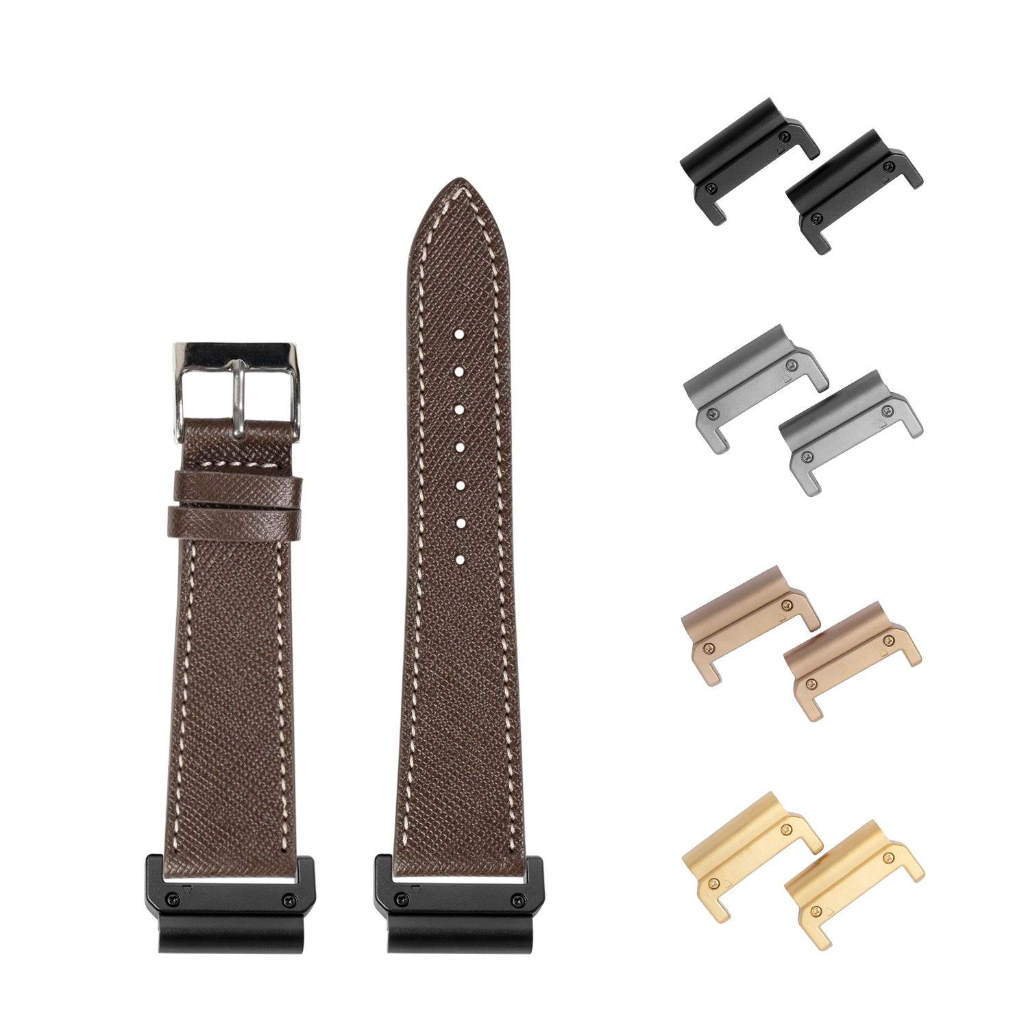 QuickFit Saffiano leather watch band 26mm dark brown with white stitching and interchangeable metal lugs in black, silver, rose gold and gold finishes
