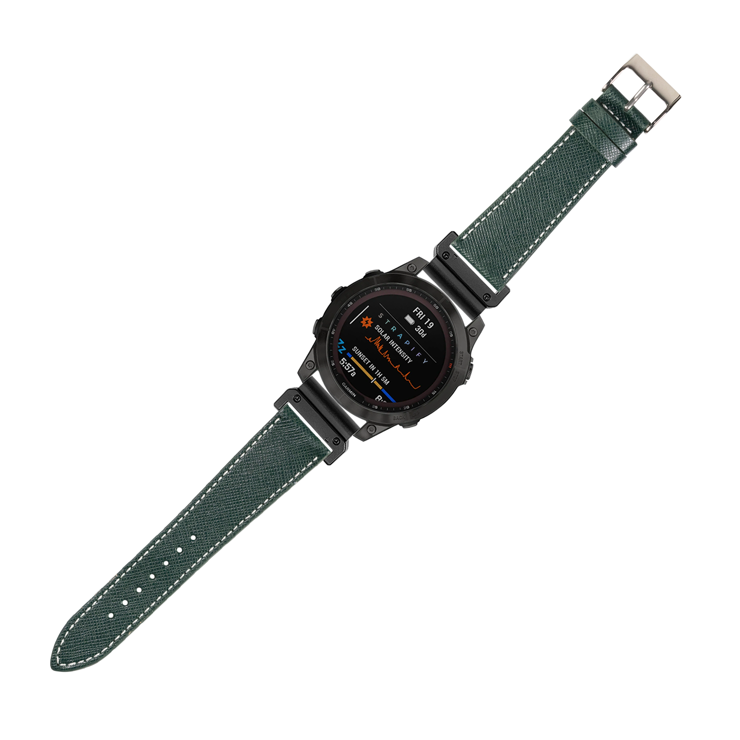 Black digital smartwatch with forest green saffiano leather strap and white stitching, 26mm QuickFit band