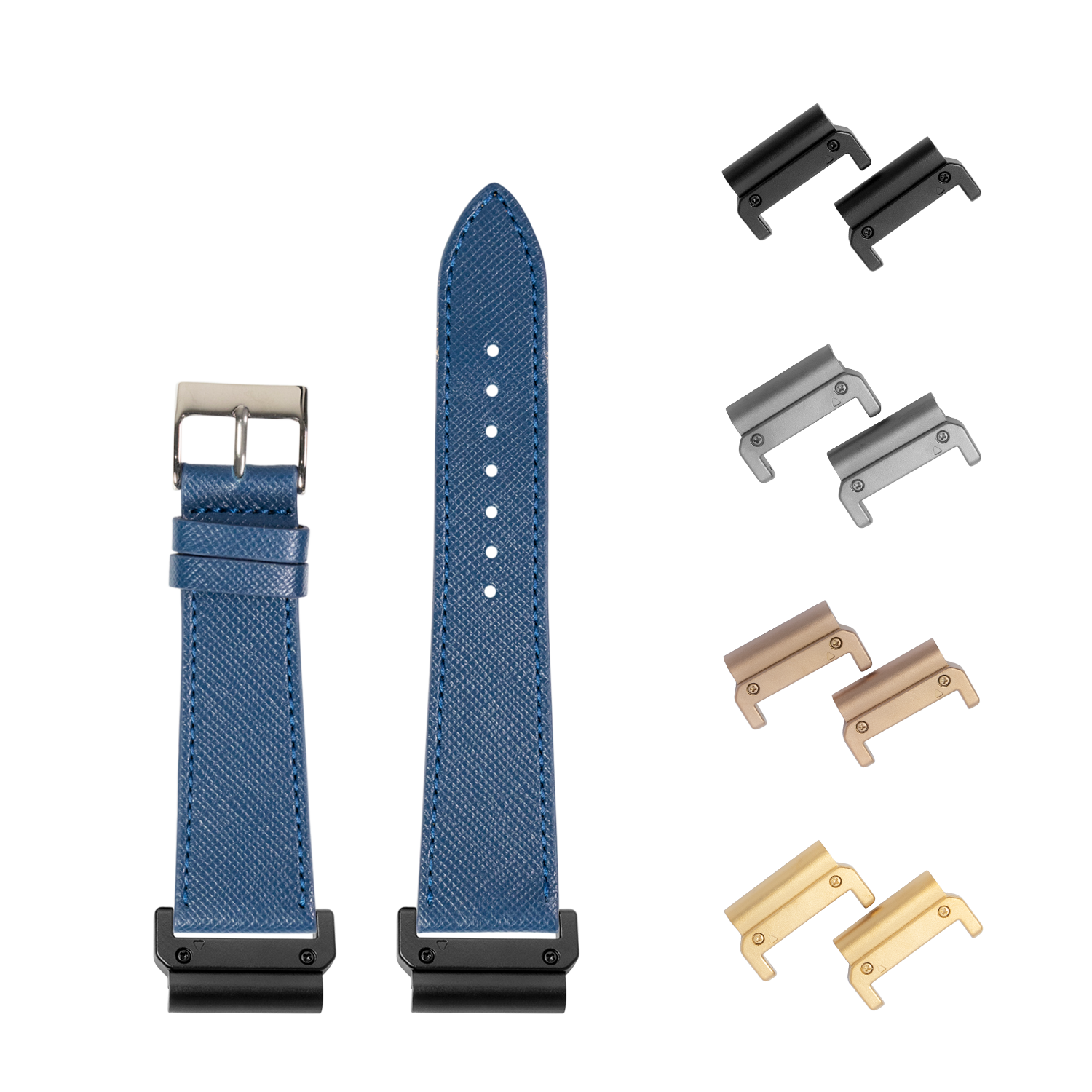 Blue Saffiano leather watch strap with interchangeable lugs in black, silver, rose gold, and gold finishes