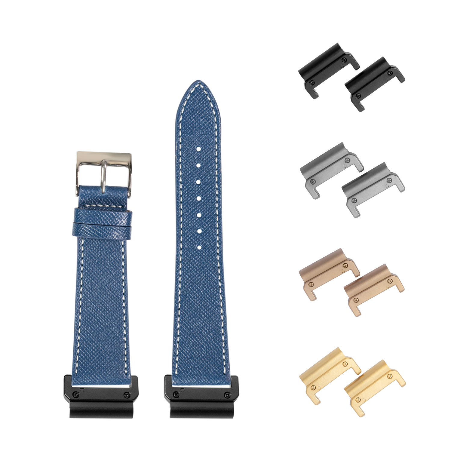 Blue Saffiano leather watch strap 26mm with white stitching, quick release pins in black, silver, bronze and gold finishes