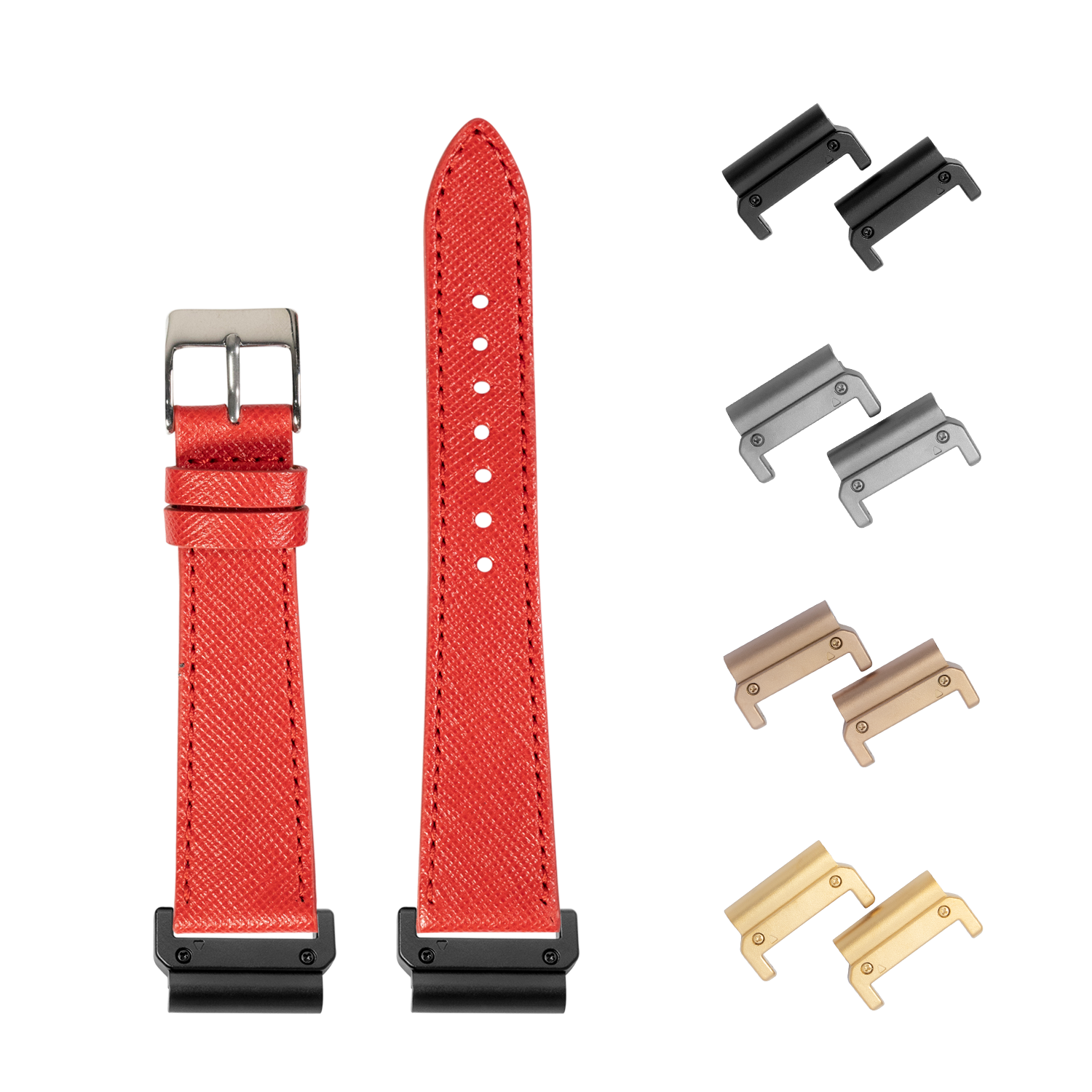 Red Saffiano leather watch band with QuickFit system, 26mm, includes interchangeable metal lugs in black, silver, bronze and gold finishes