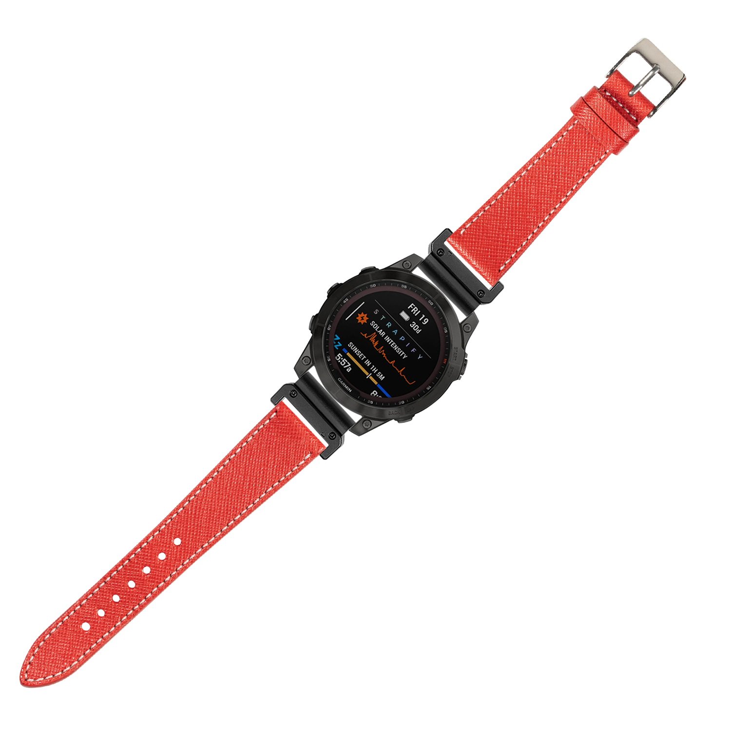 Tactical digital smartwatch with black case and red saffiano leather 26mm strap featuring white stitching and metal buckle