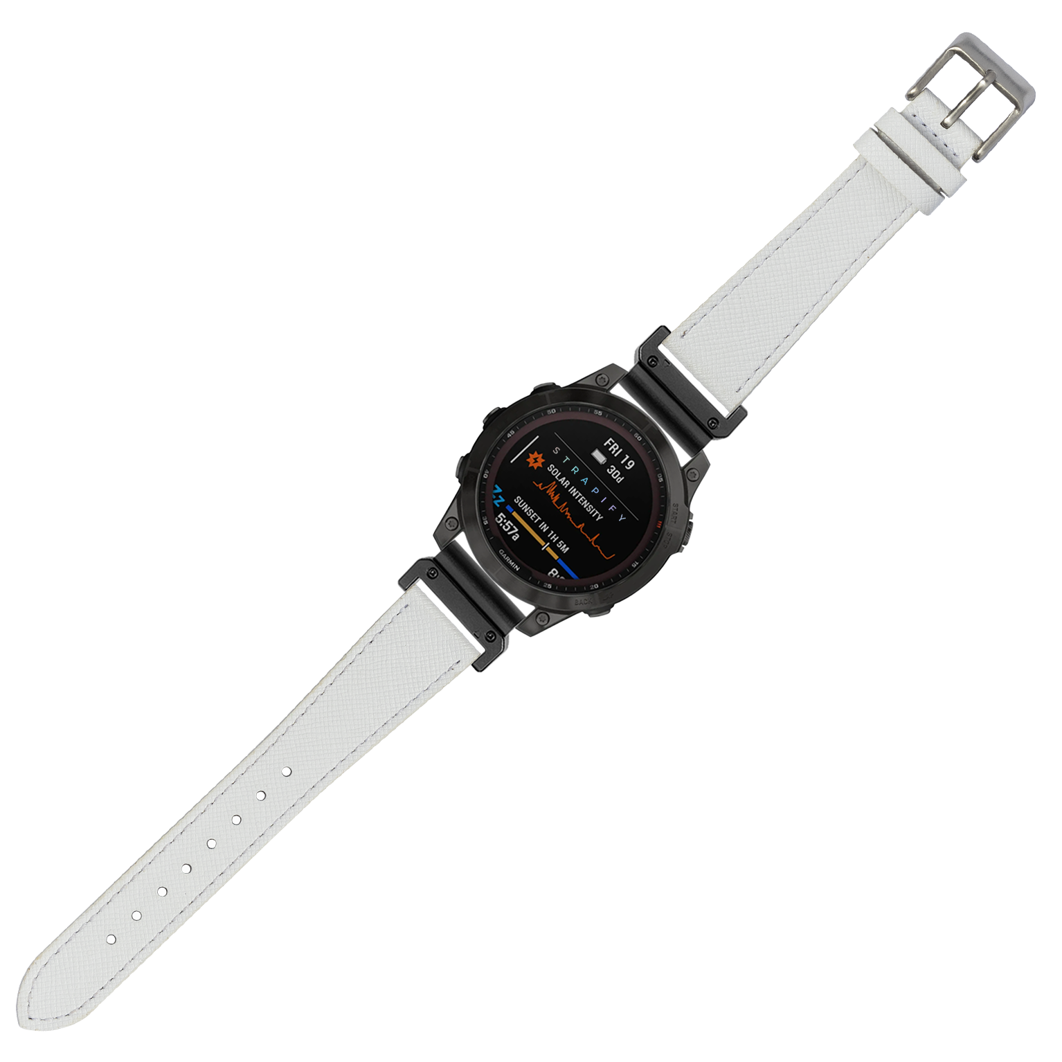 Digital smartwatch with white Saffiano leather band and black case, displaying colorful metrics on AMOLED screen