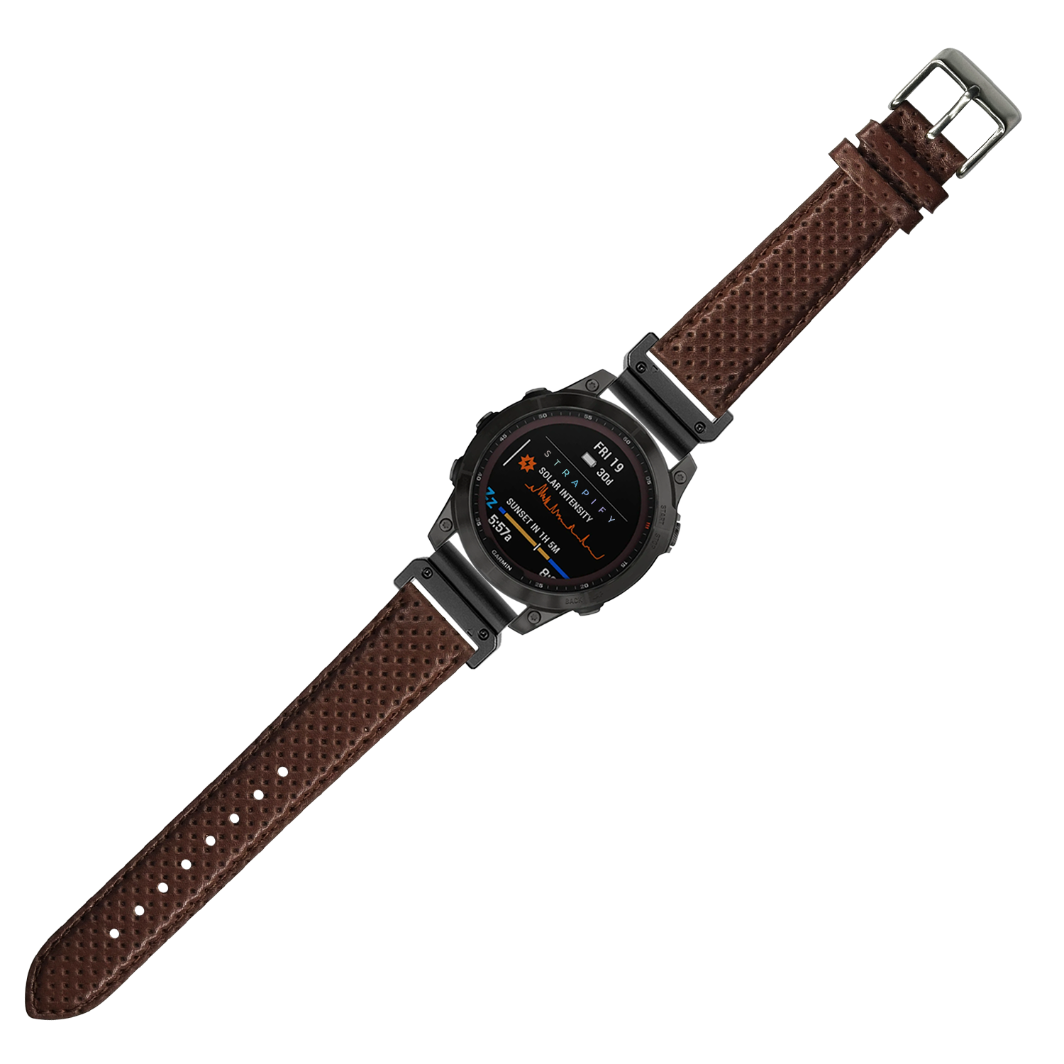 Rugged smartwatch with black case and brown perforated leather racing strap, digital display showing fitness metrics