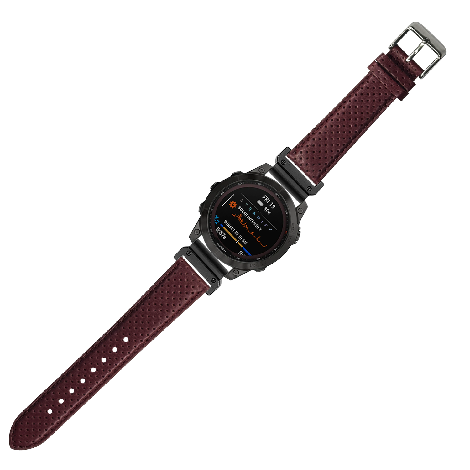 Maroon perforated leather QuickFit racing watch strap 26mm with stainless steel buckle and digital smartwatch display