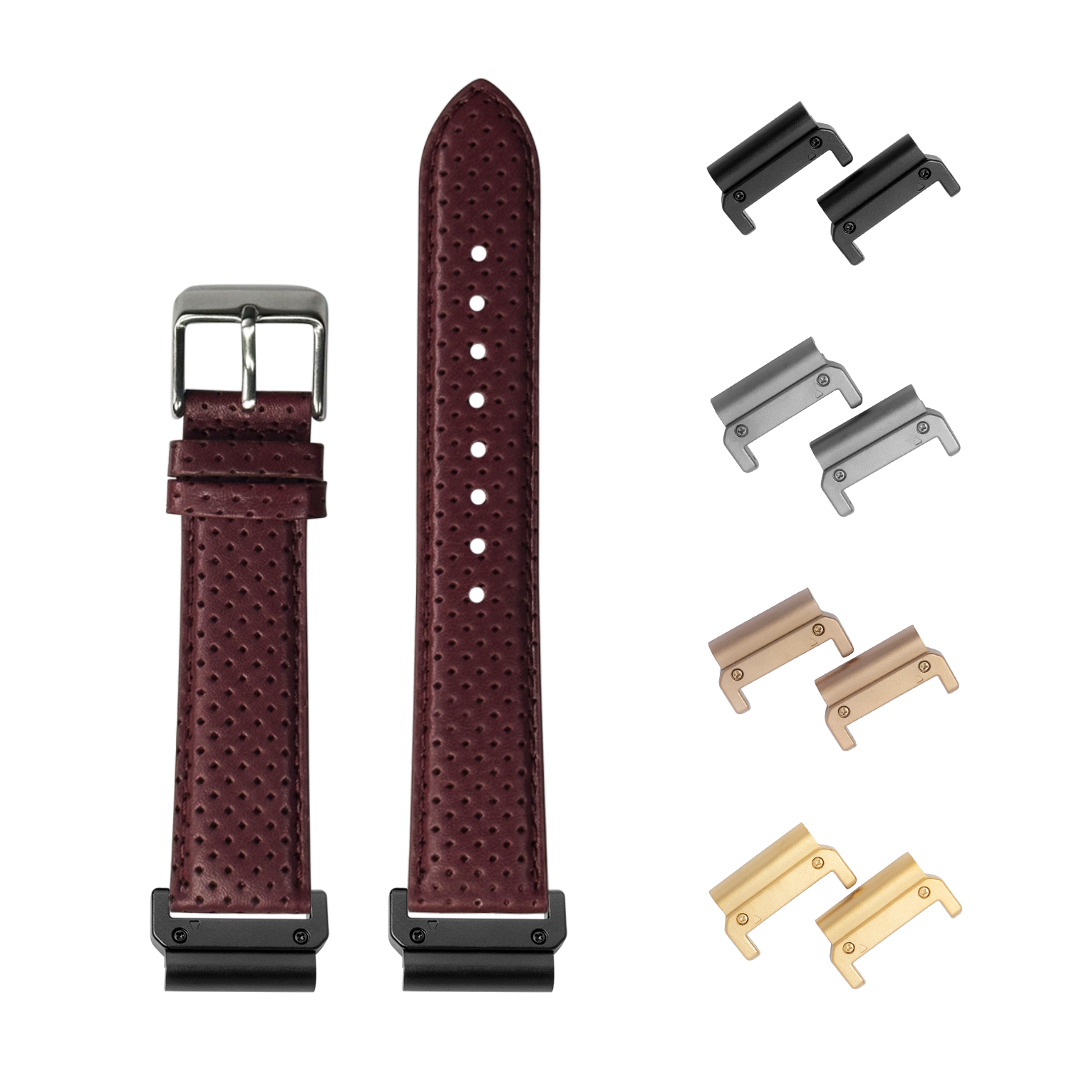 QuickFit maroon perforated leather watch straps with interchangeable metal lugs in black, silver, rose gold and gold finishes