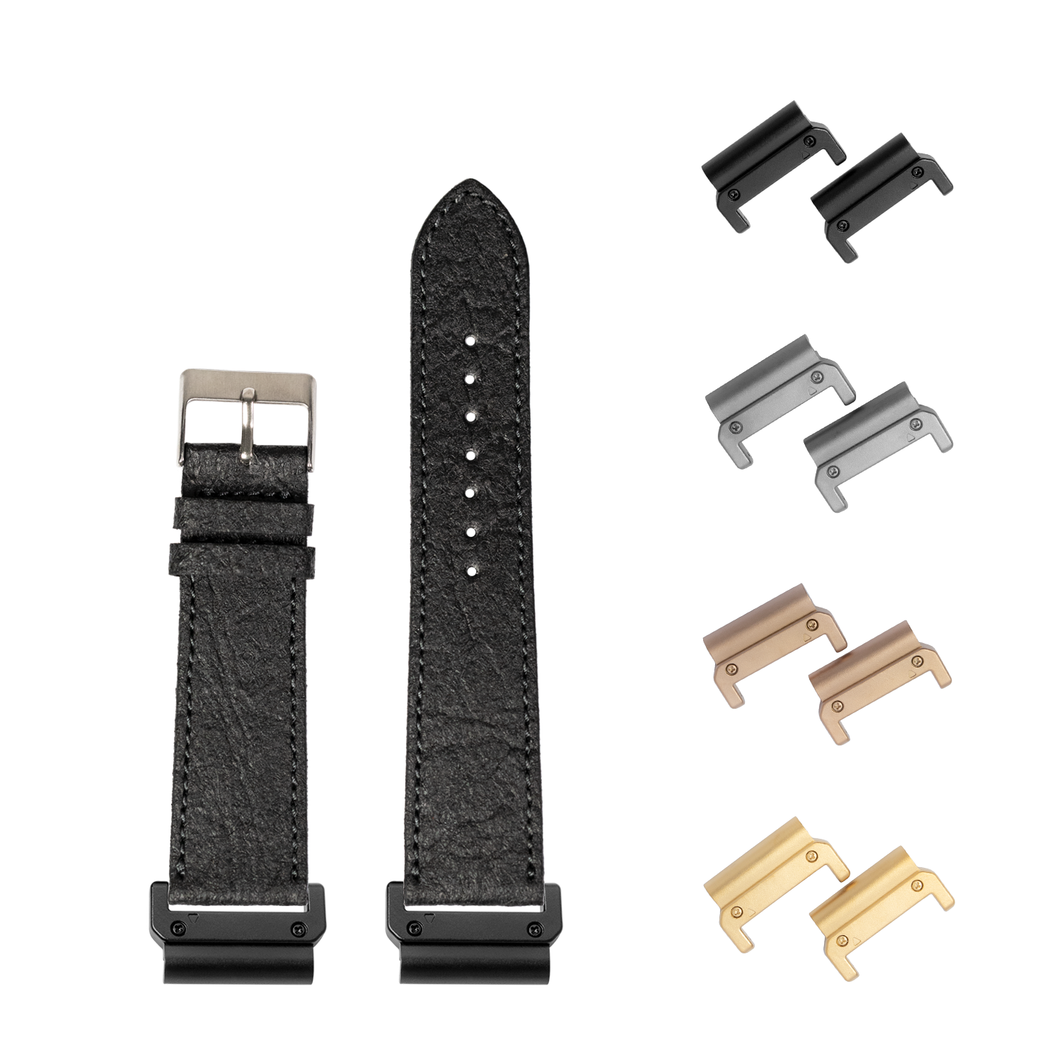 QuickFit interchangeable black vegan leather watch band 26mm with multiple metal lugs in black, silver, rose gold and gold finishes