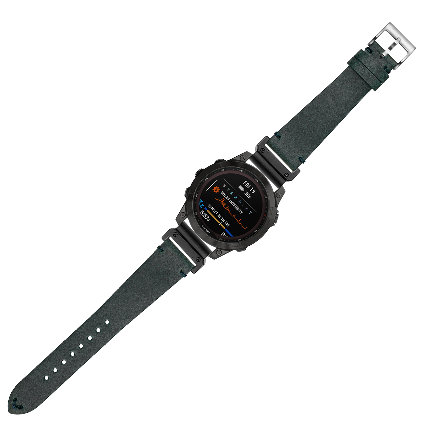 Black digital smartwatch with AMOLED display and vintage crazy horse leather blue-green 26mm QuickFit strap
